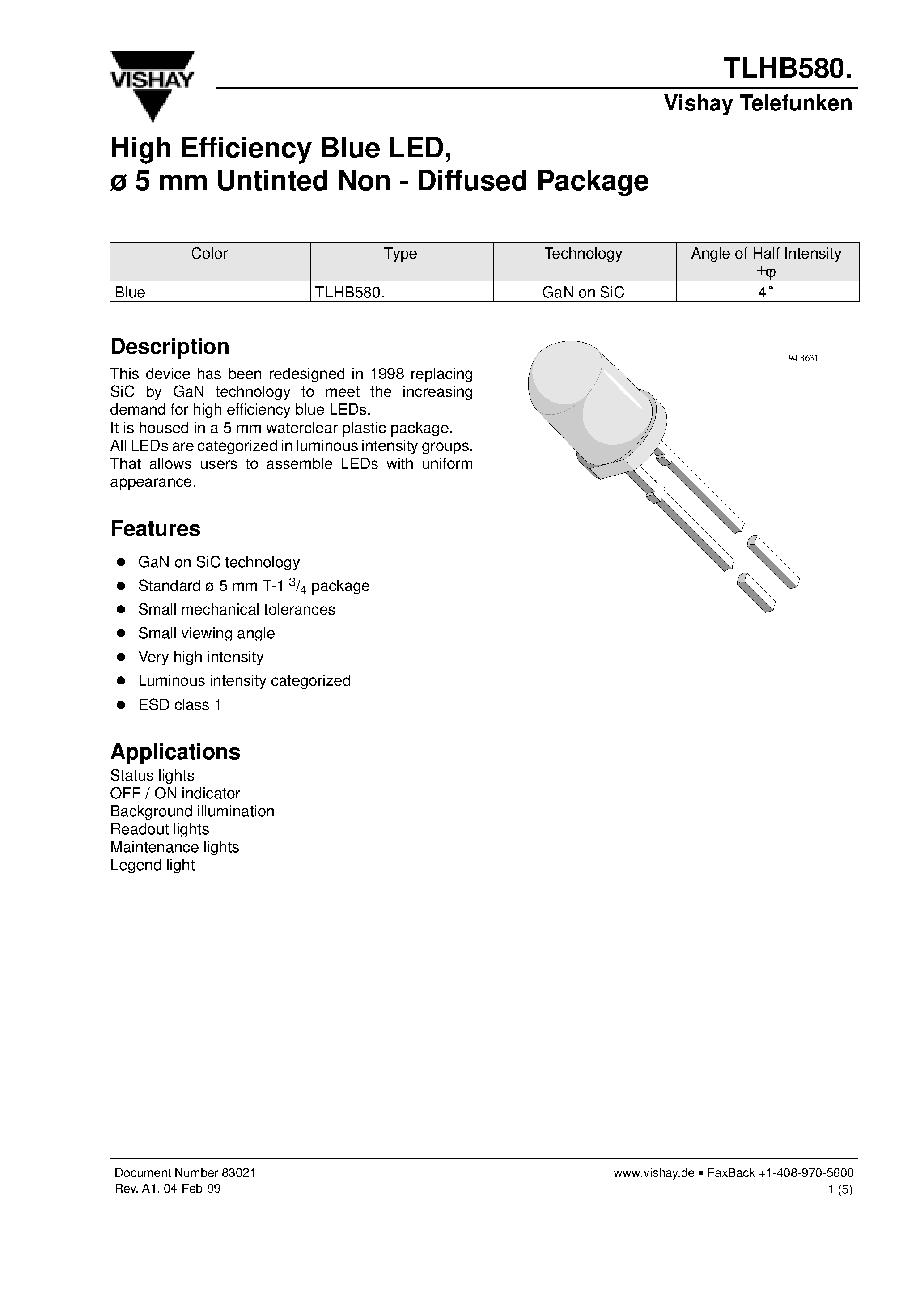 Datasheet TLHB5801 page 1 Datasheet TLHB5801 - High Efficiency Blue LED/ 5 mm Untinted Non - Diffused Package page 1