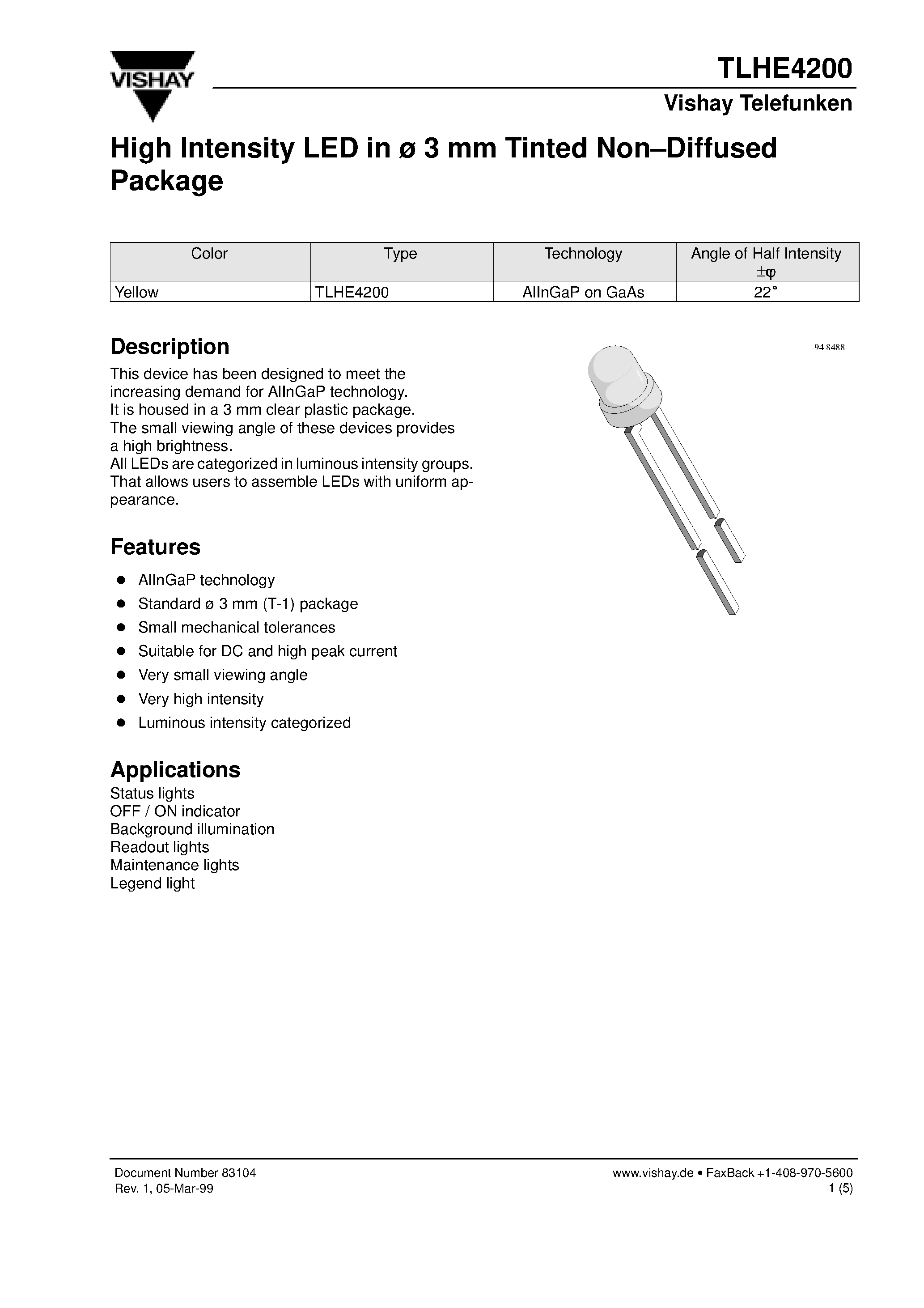 Datasheet TLHE4200 - High Intensity LED in 3 mm Tinted Non.Diffused Package page 1