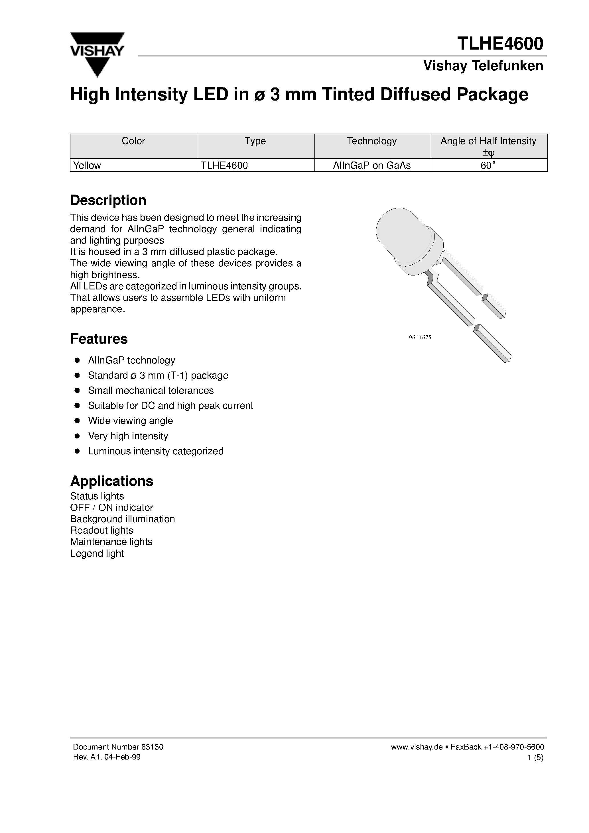 Datasheet TLHE4600 - High Intensity LED in 3 mm Tinted Diffused Package page 1