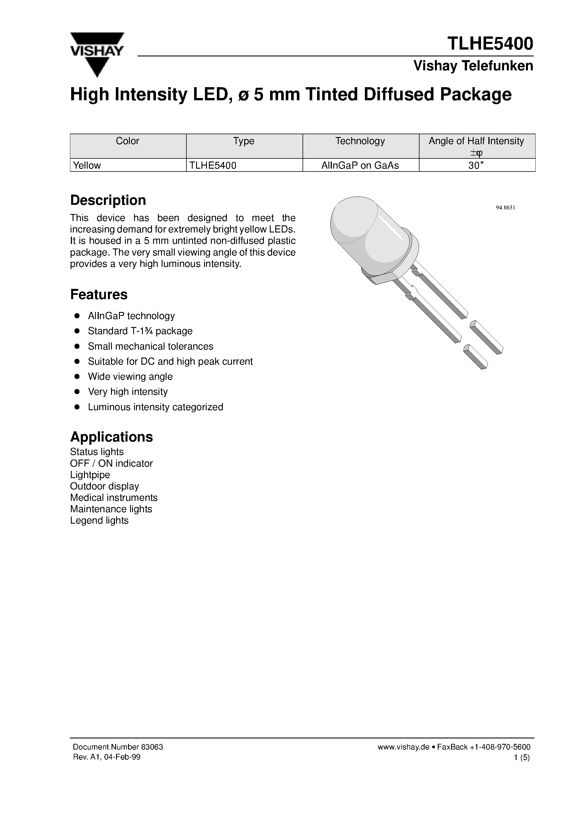 Datasheet TLHE5400 - High Intensity LED/ 5 mm Tinted Diffused Package page 1