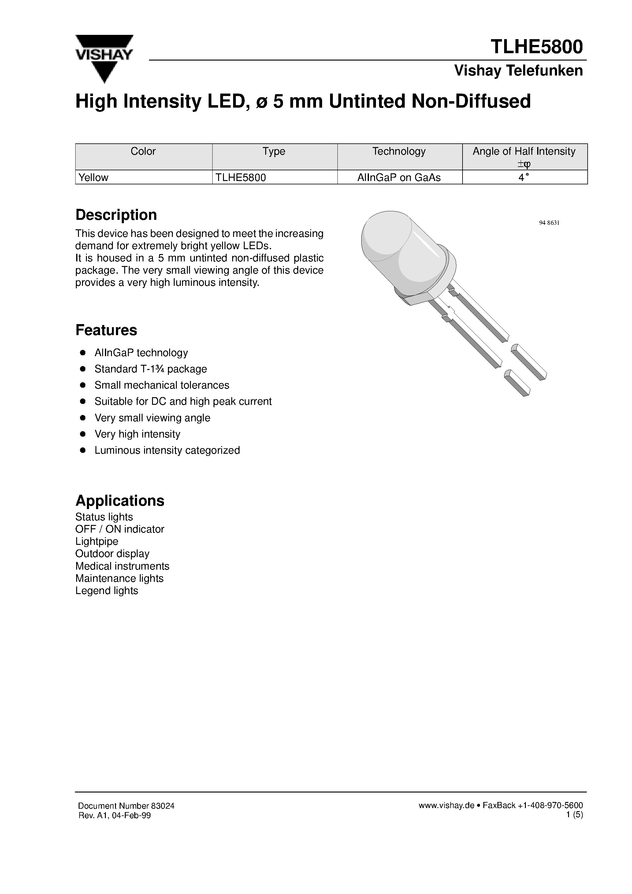 Datasheet TLHE5800 - High Intensity LED/ 5 mm Untinted Non-Diffused page 1