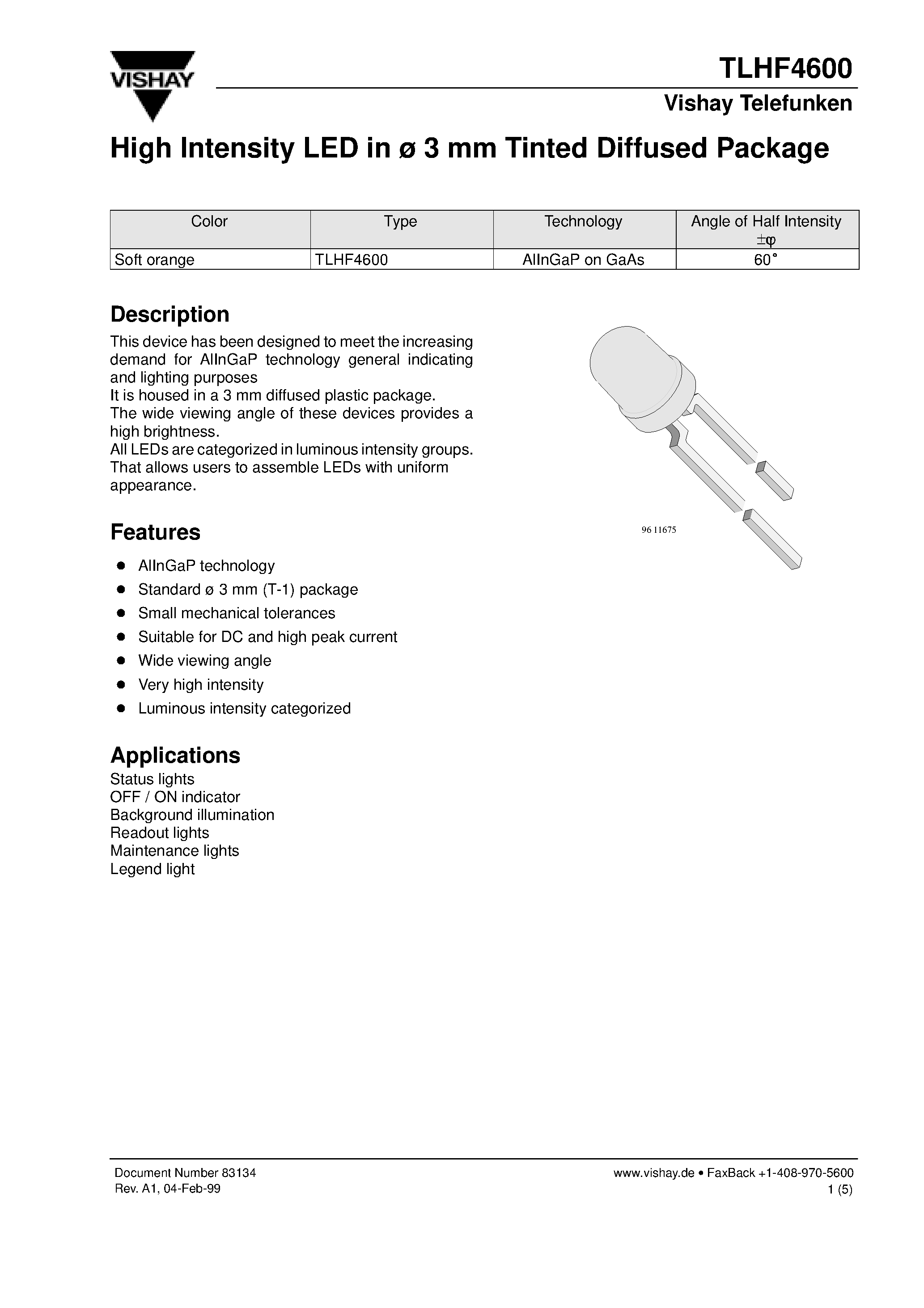 Datasheet TLHF4600 - High Intensity LED in 3 mm Tinted Diffused Package page 1