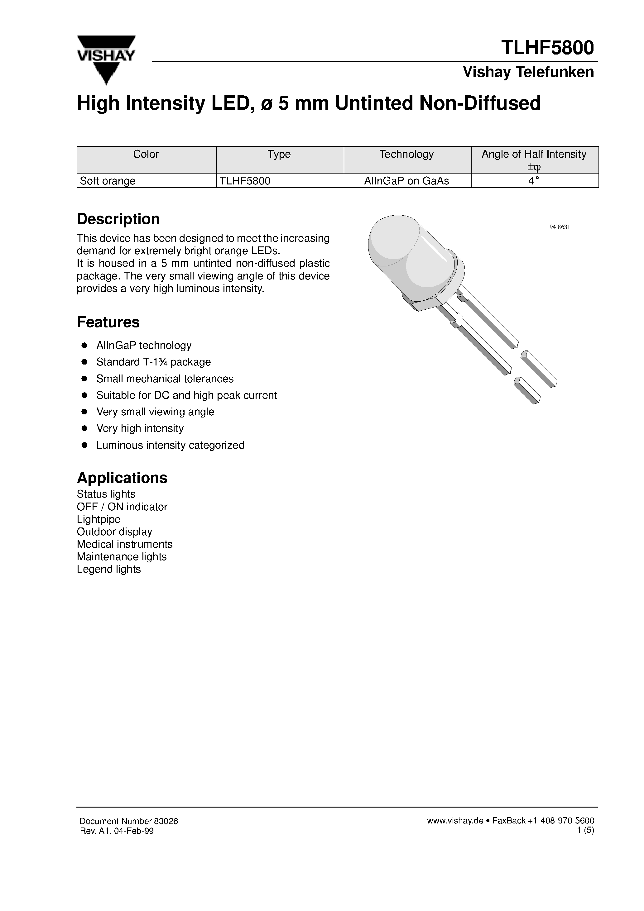 Datasheet TLHF5800 - High Intensity LED/ 5 mm Untinted Non-Diffused page 1
