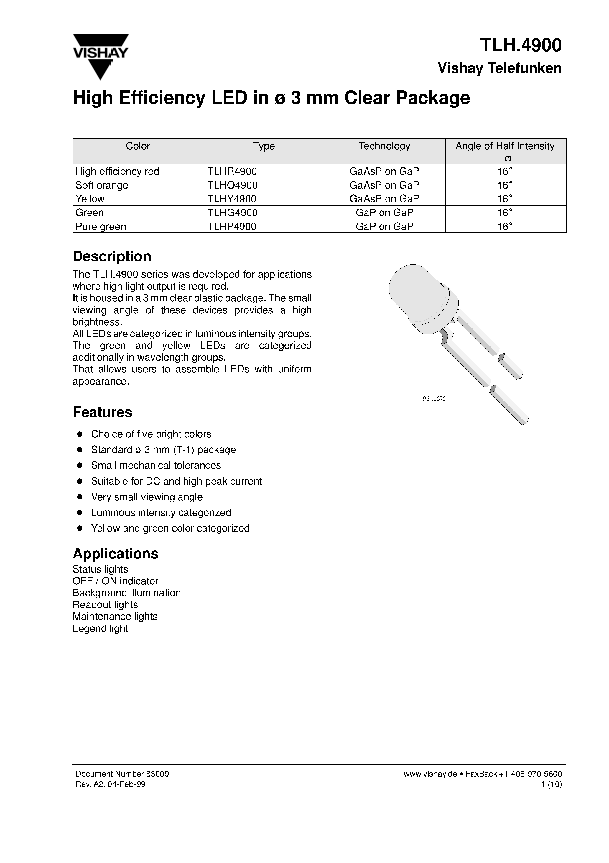 Datasheet TLHG4900 - High Efficiency LED in 3 mm Clear Package page 1