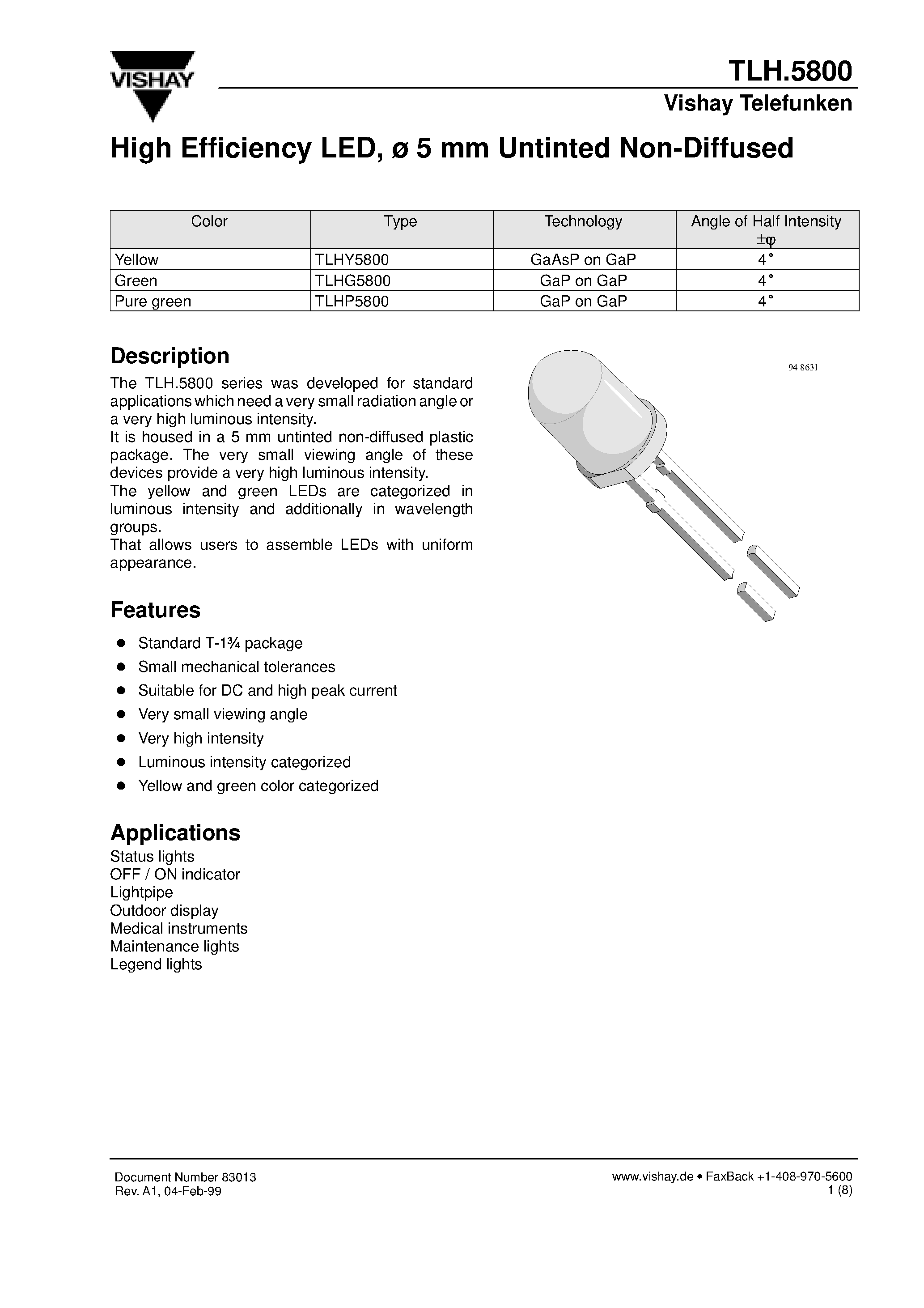 Datasheet TLHG5800 page 1 Datasheet TLHG5800 - High Efficiency LED/ 5 mm Untinted Non-Diffused page 1