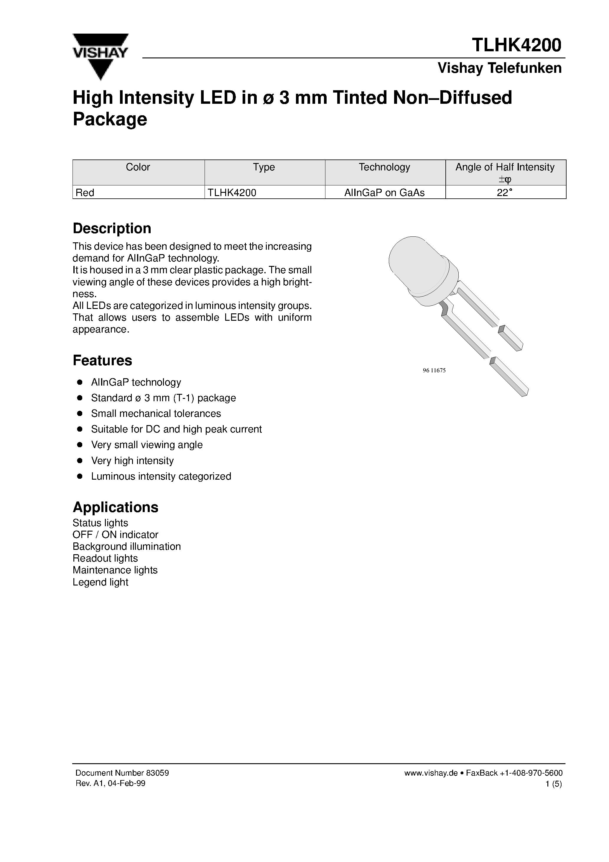 Datasheet TLHK4200 - High Intensity LED in 3 mm Tinted Non.Diffused Package page 1