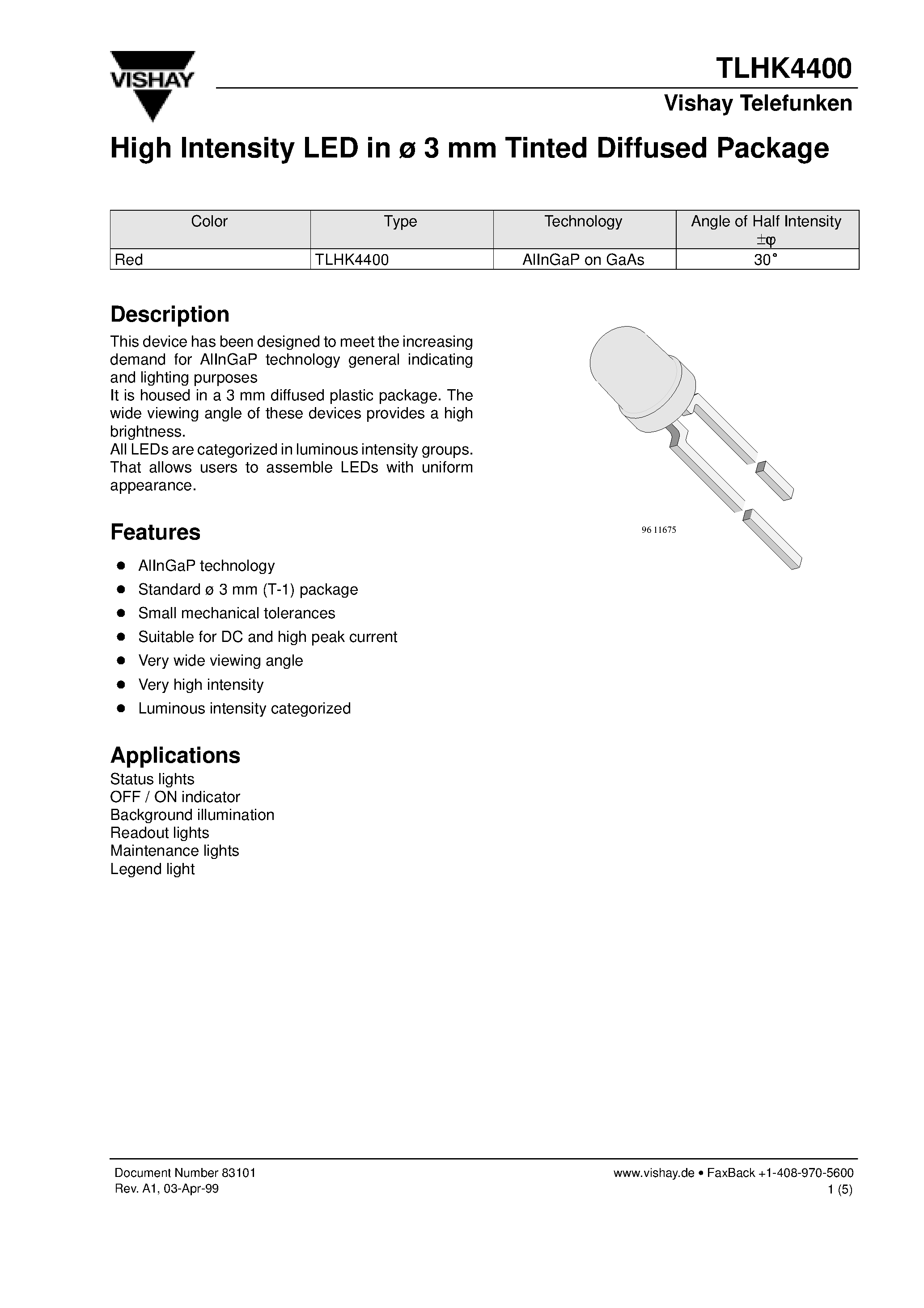 Datasheet TLHK4400 - High Intensity LED in 3 mm Tinted Diffused Package page 1