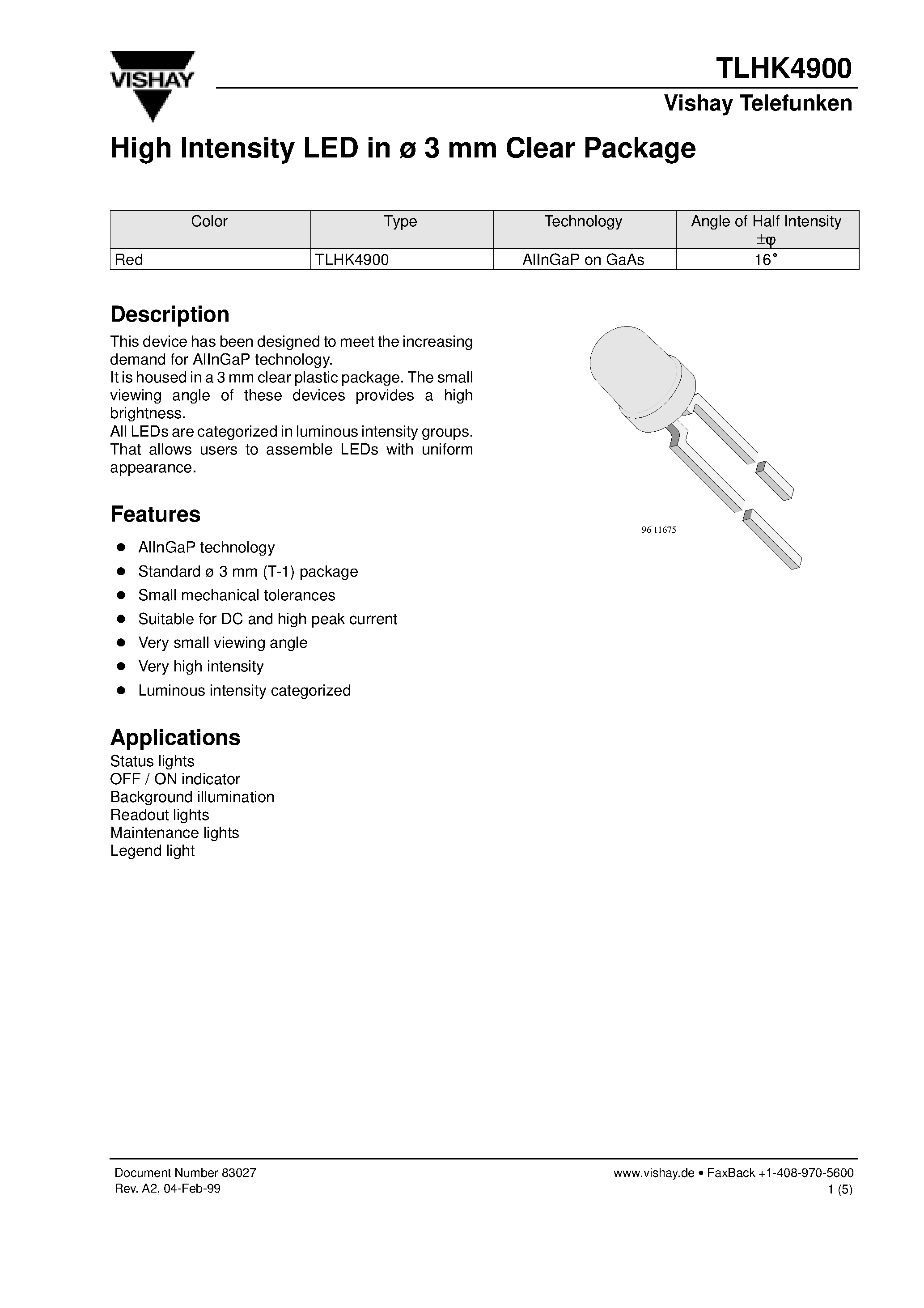 Datasheet TLHK4900 - High Intensity LED in 3 mm Clear Package page 1
