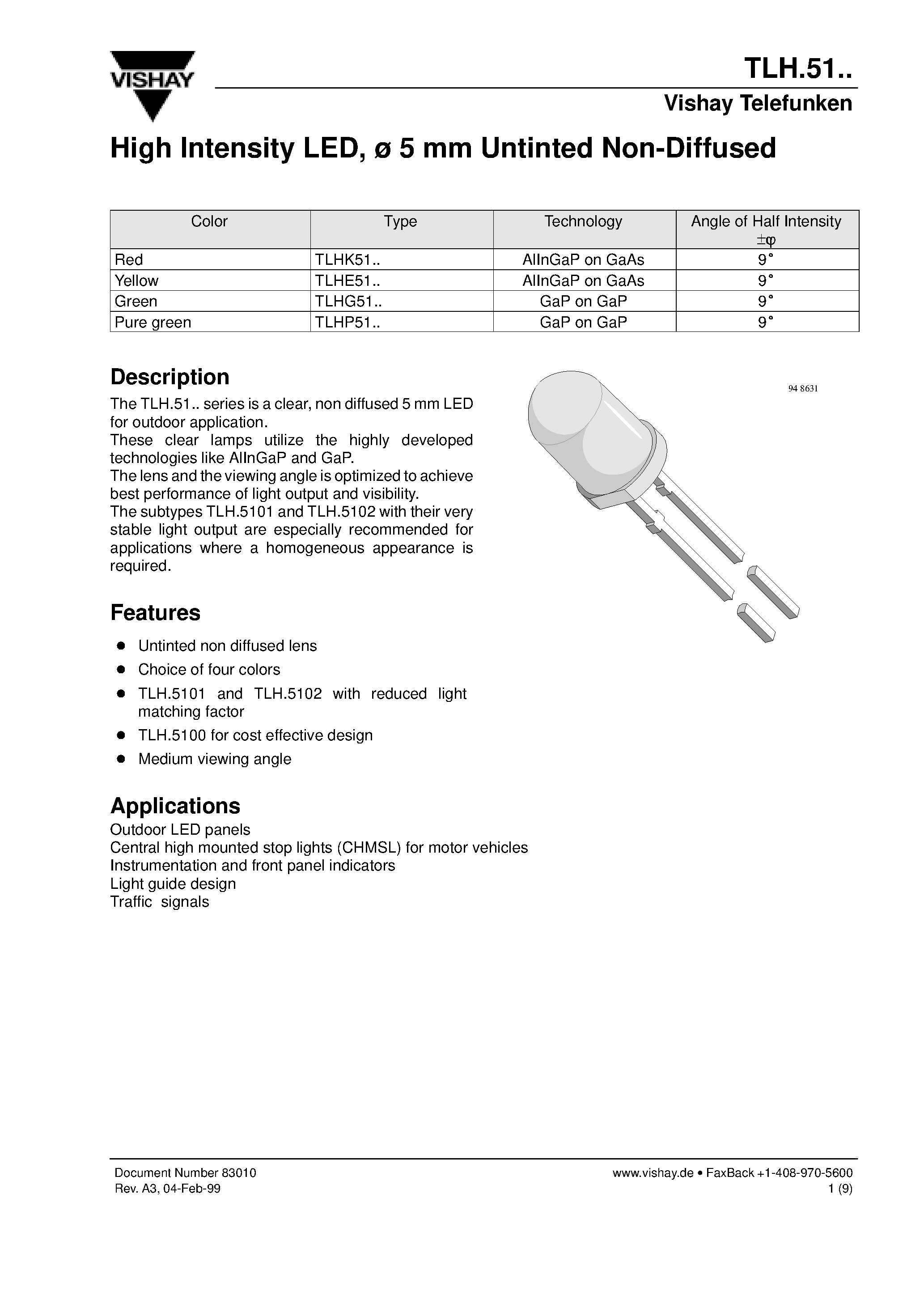 Datasheet TLHK51 - High Intensity LED/ 5 mm Untinted Non-Diffused page 1