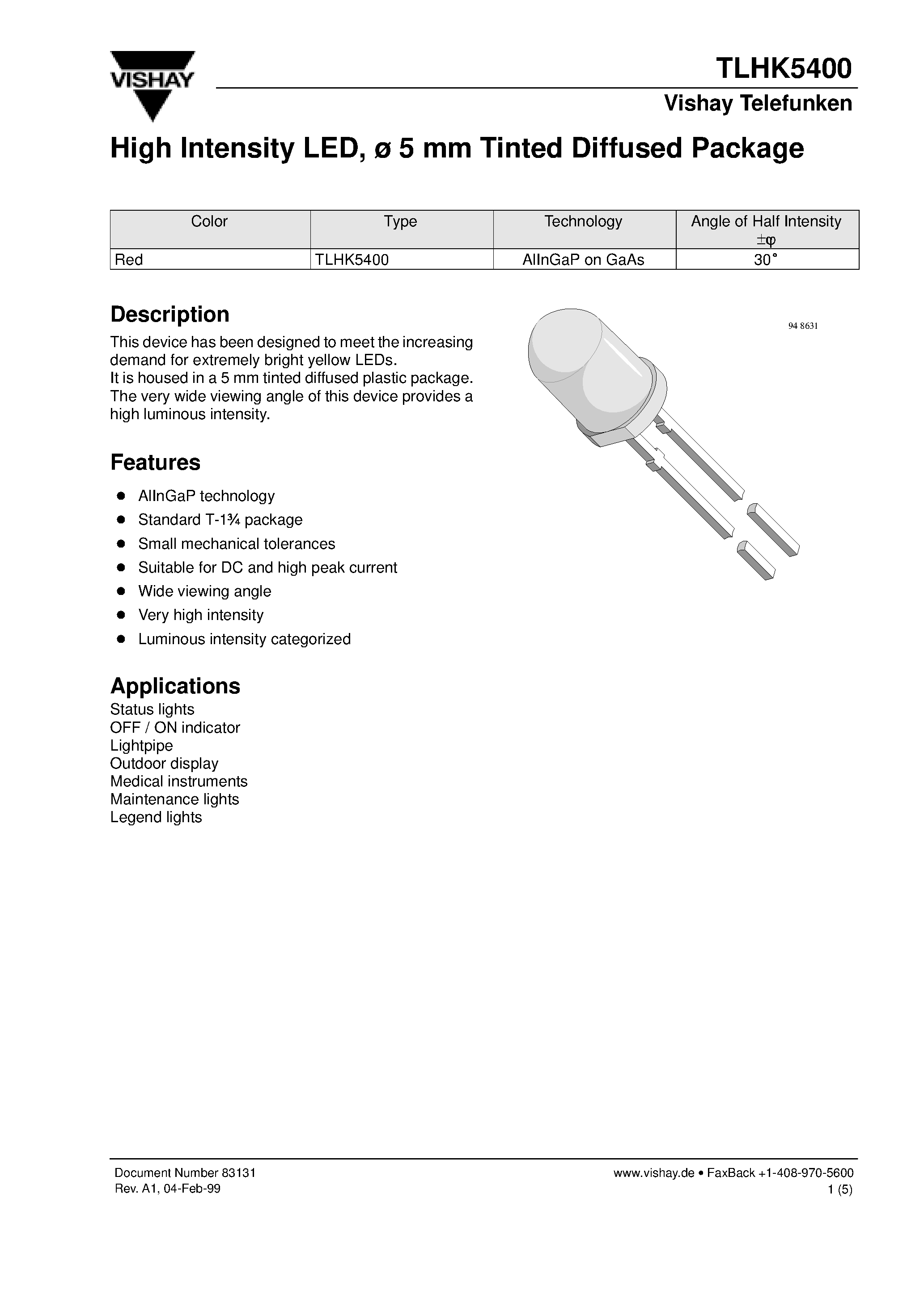 Datasheet TLHK5400 - High Intensity LED/ 5 mm Tinted Diffused Package page 1