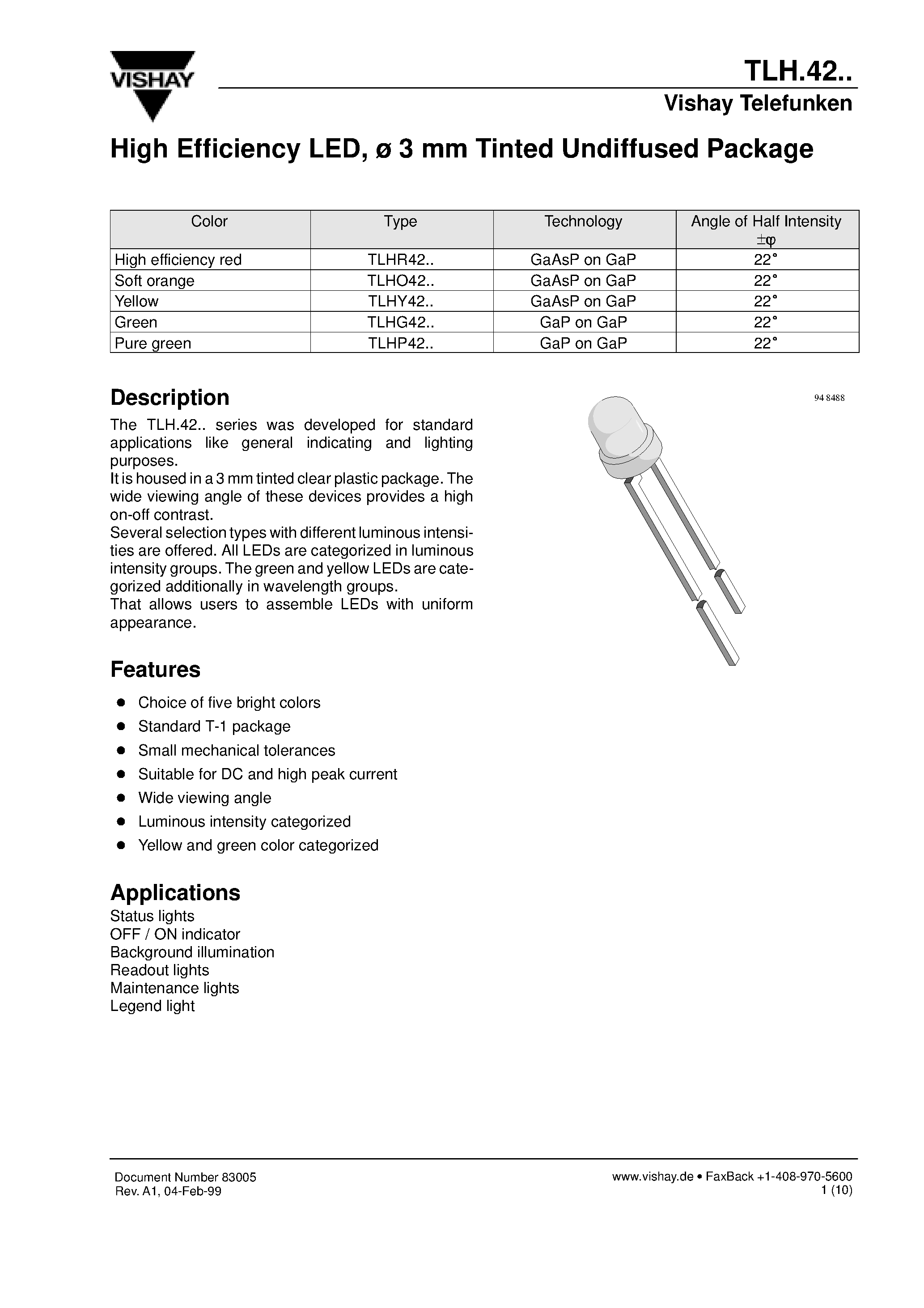 Datasheet TLHR4200 - High Efficiency LED/ 3 mm Tinted Undiffused Package page 1