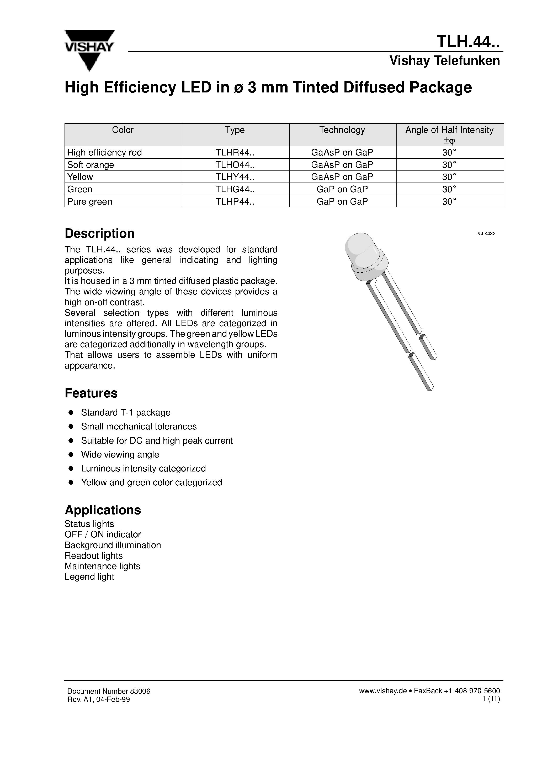 Datasheet TLHR4401 - High Efficiency LED in 3 mm Tinted Diffused Package page 1
