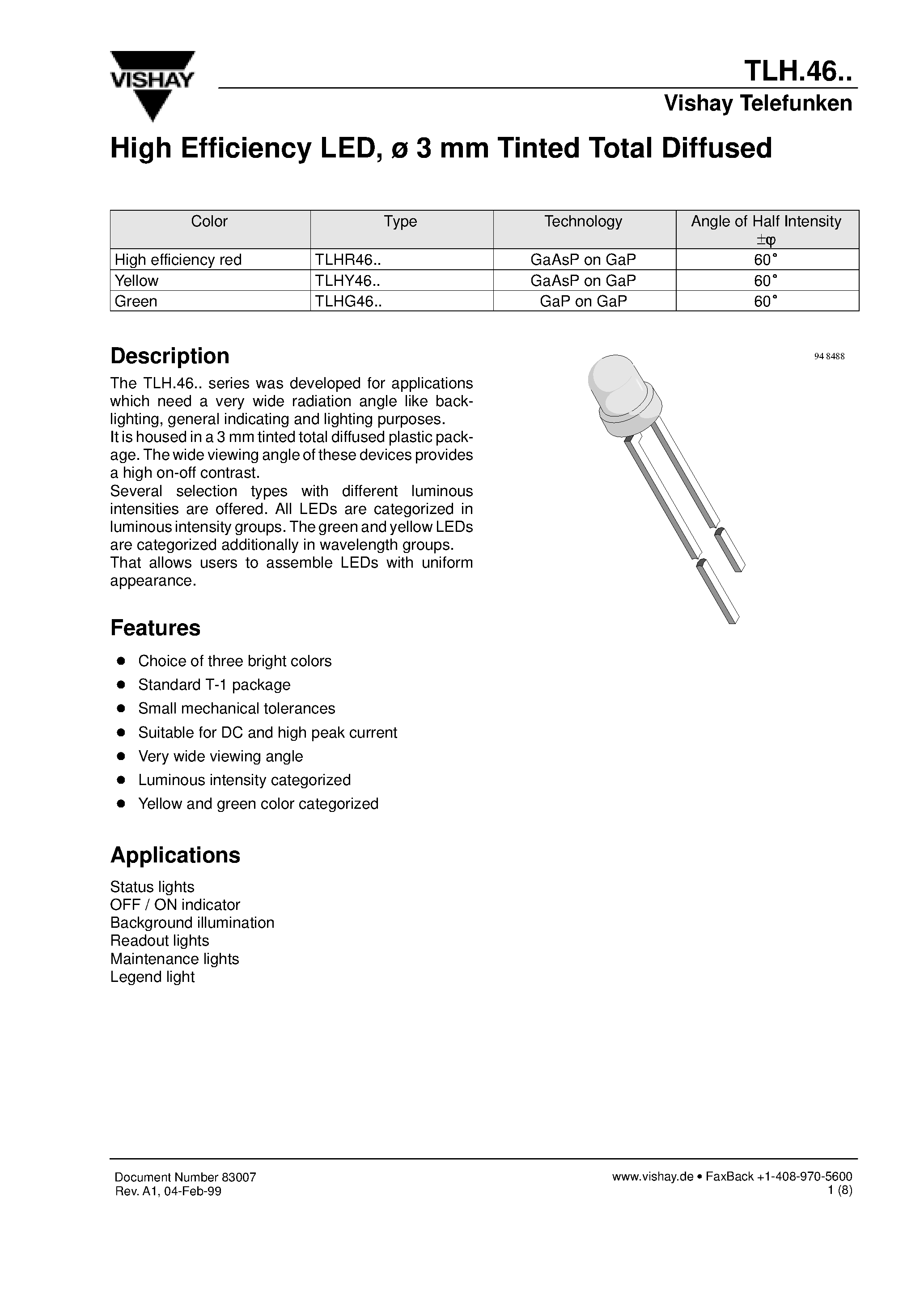 Datasheet TLHR4605 - High Efficiency LED/ 3 mm Tinted Total Diffused page 1