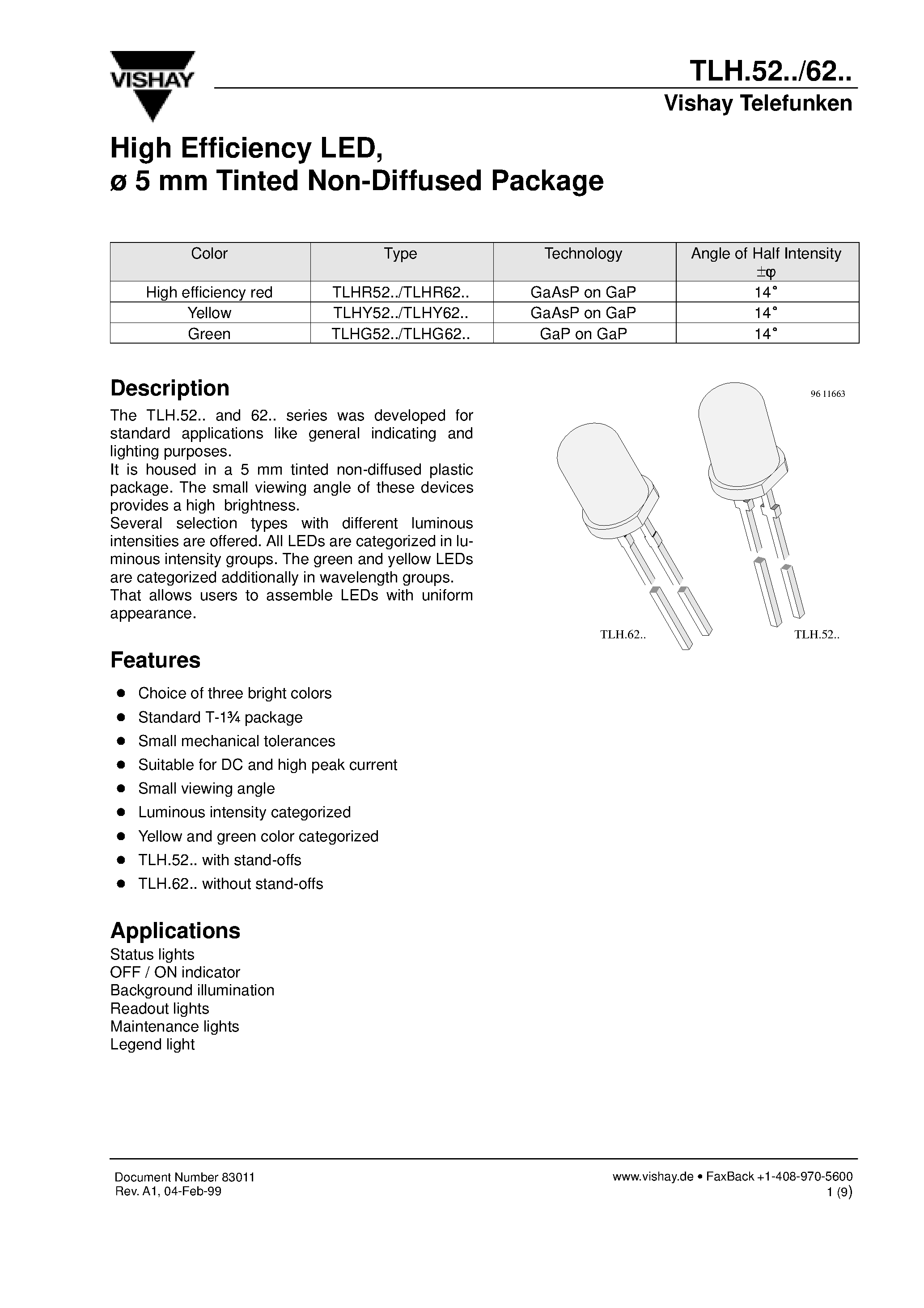 Datasheet TLHR5205 - High Efficiency LED/ 5 mm Tinted Non-Diffused Package page 1