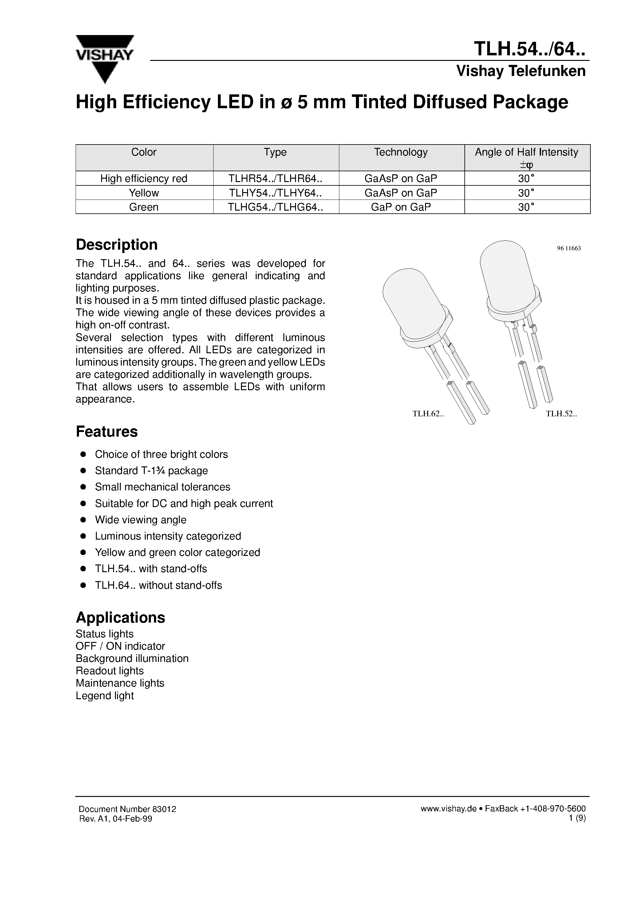 Datasheet TLHR5405 - High Efficiency LED in 5 mm Tinted Diffused Package page 1