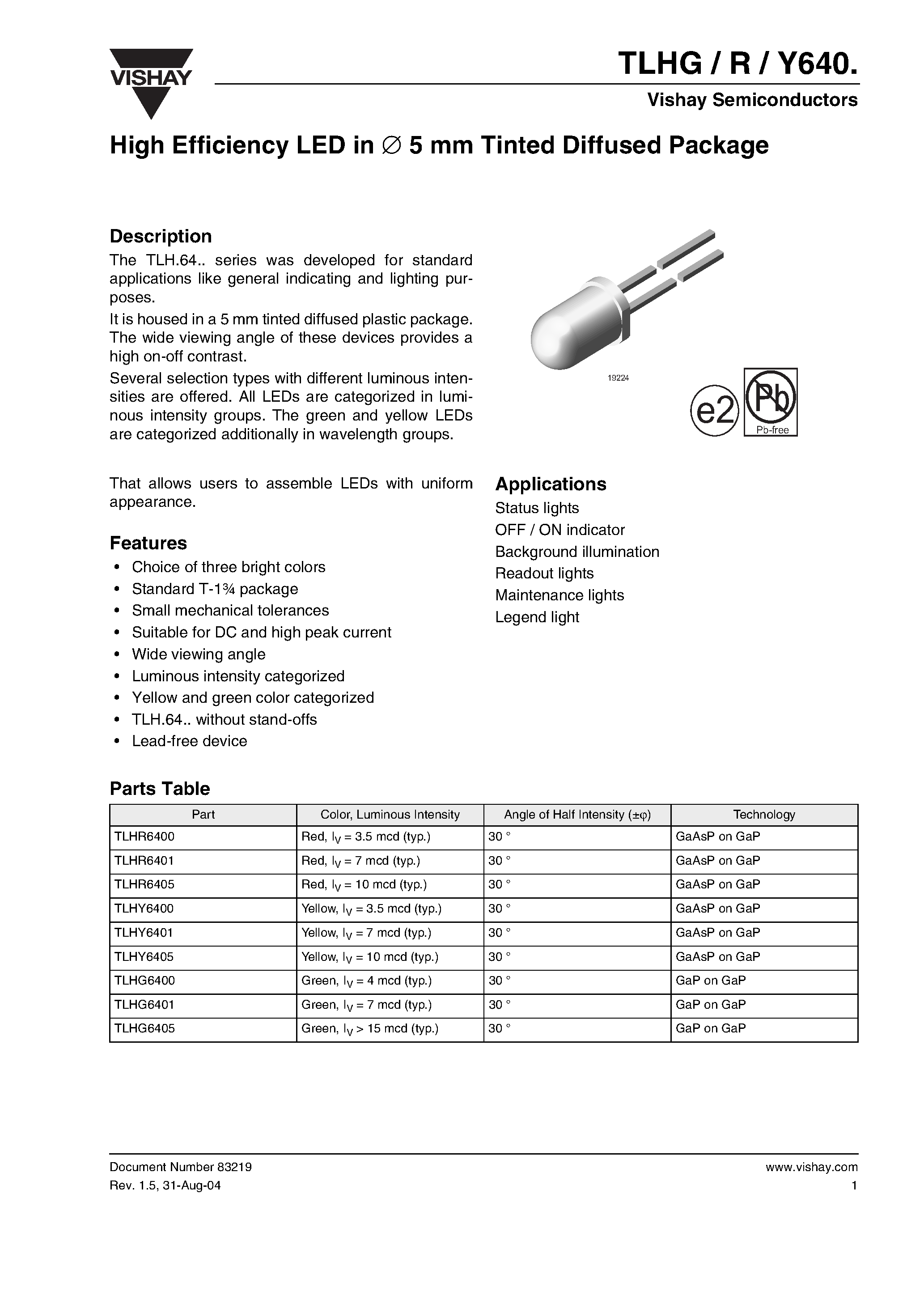 Datasheet TLHY6401 - High Efficiency LED in 5 mm Tinted Diffused Package page 1