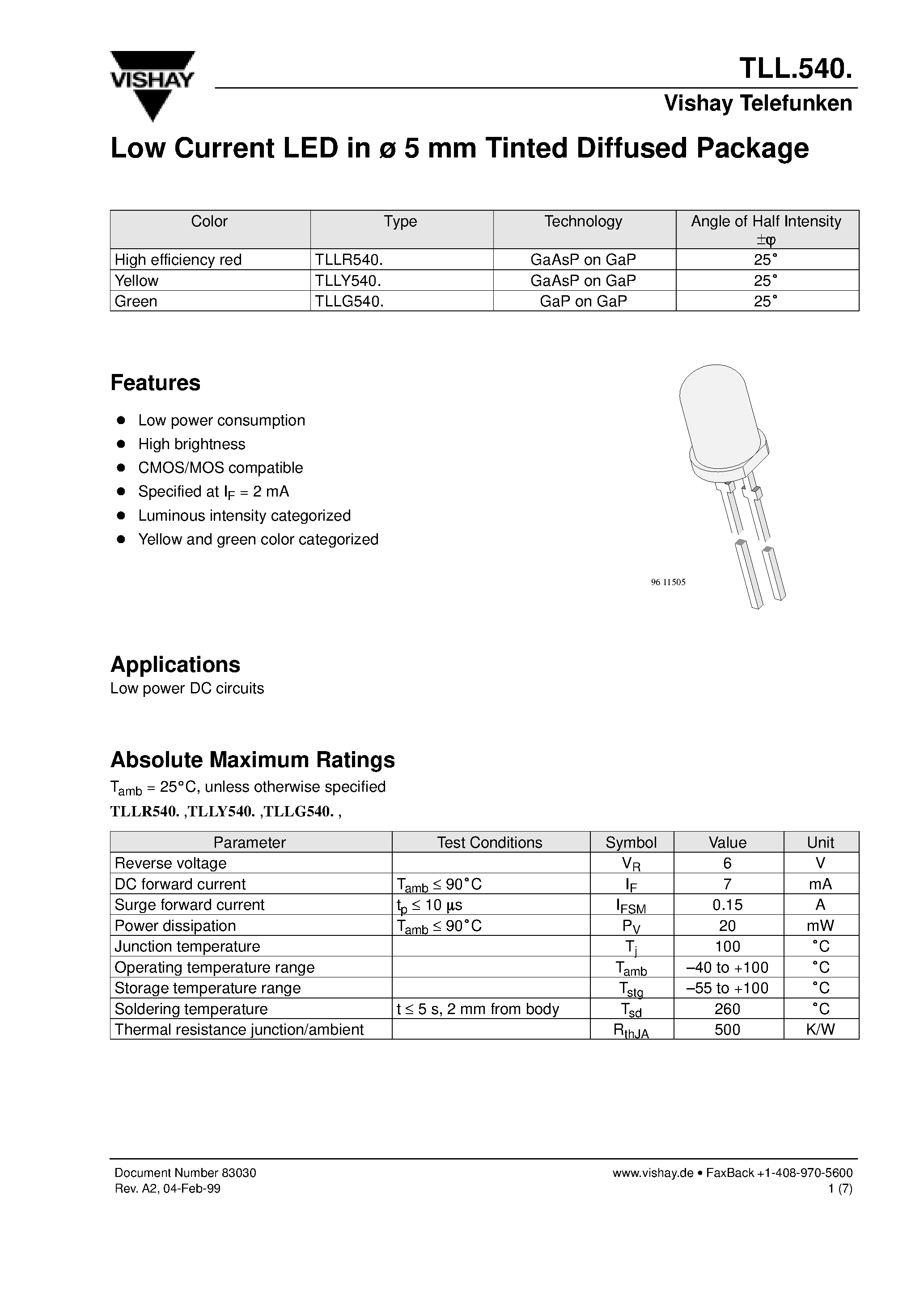 Datasheet TLLR540 - Low Current LED in 5 mm Tinted Diffused Package page 1