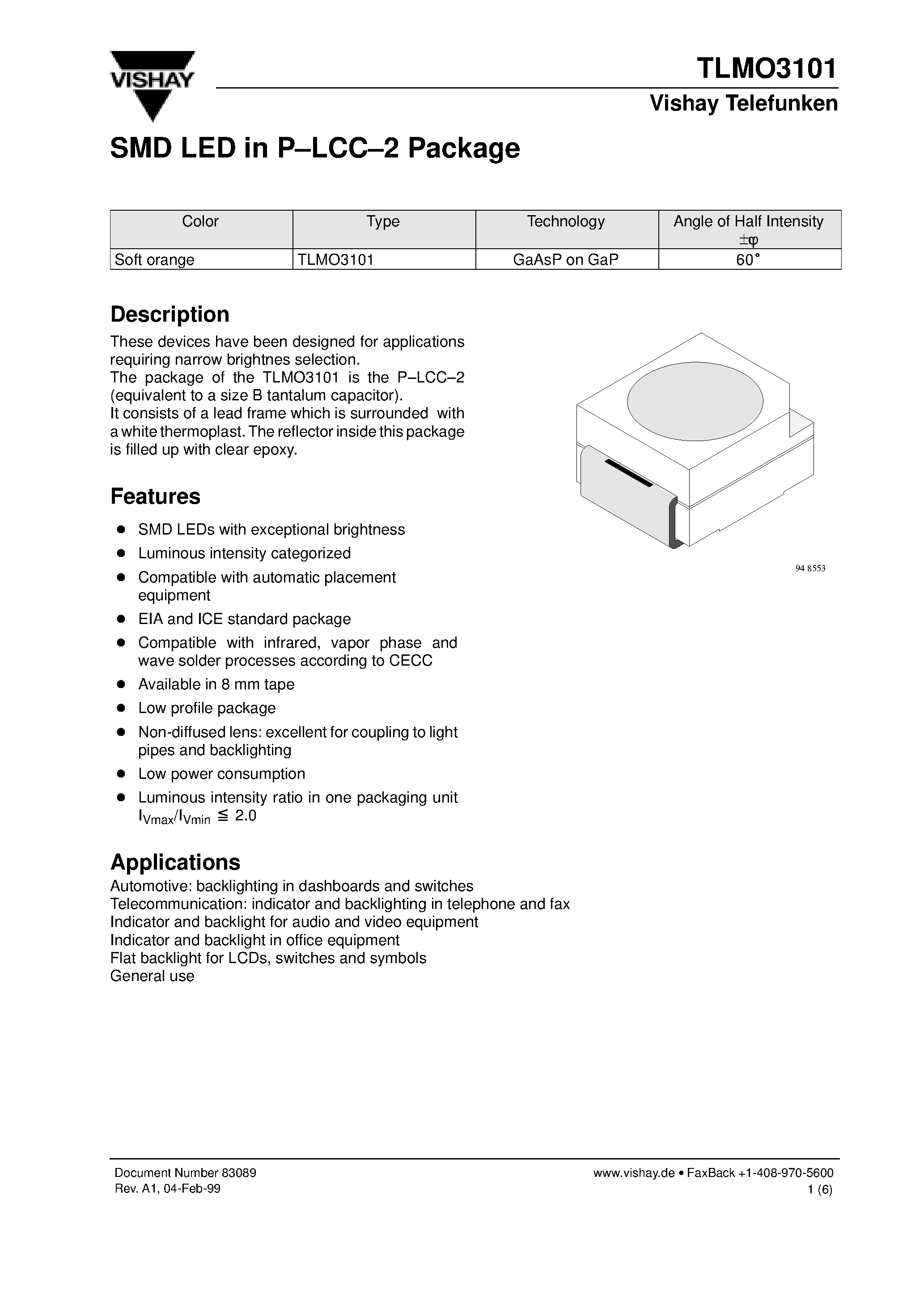 Даташит на микросхему TLMO3101 страница 1 Даташит TLMO3101 - SMD LED in P-LCC-2 Package страница 1