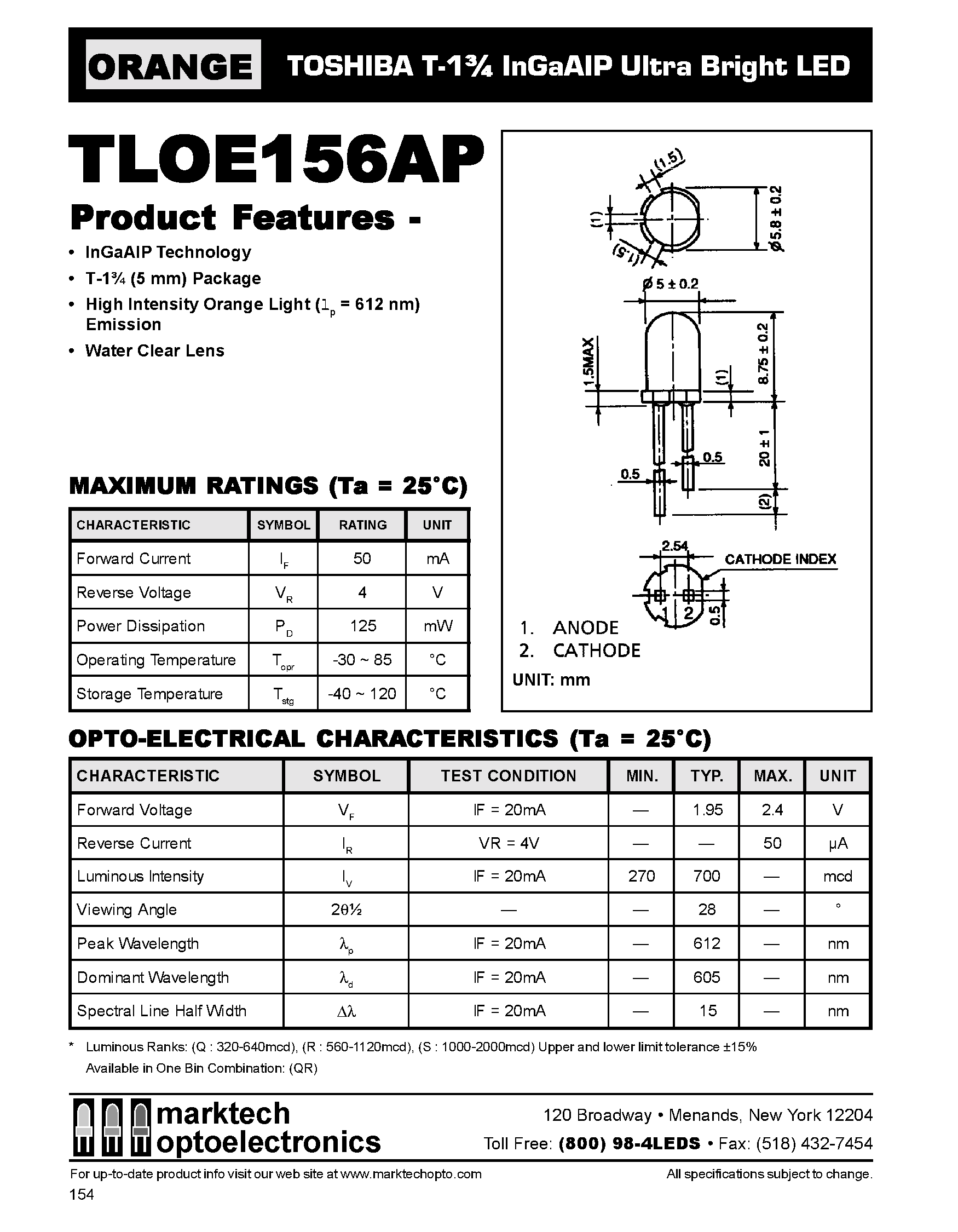 Datasheet TLOE156AP - TOSHIBA T-1 3/4 InGaAIP Ultra Bright LED page 1
