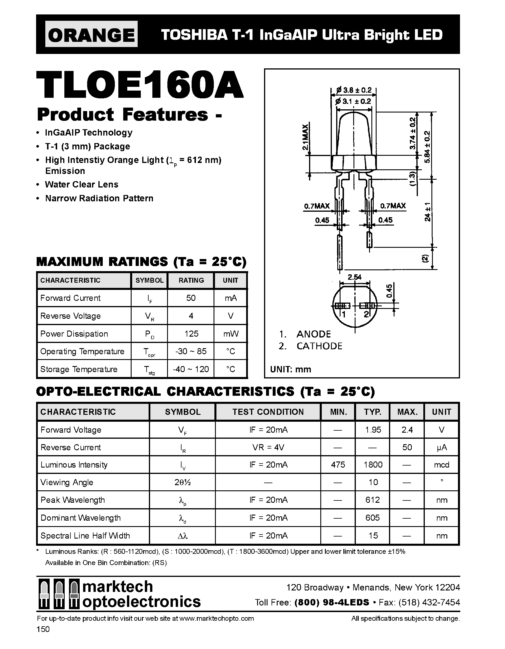 Datasheet TLOE160A - TOSHIBA T-1 InGaAIP Ultra Bright LED page 1