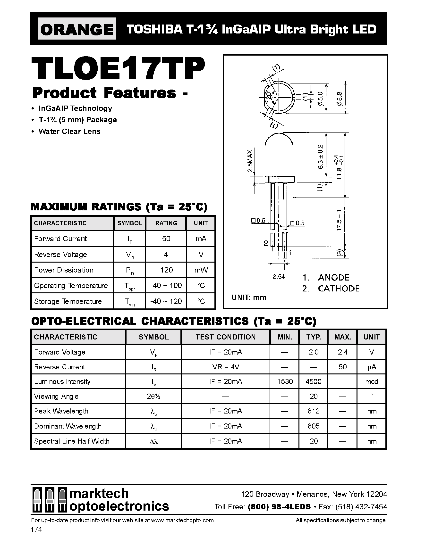 Datasheet TLOE17TP - TOSHIBA T-1 3/4 InGaAIP Ultra Bright LED page 1