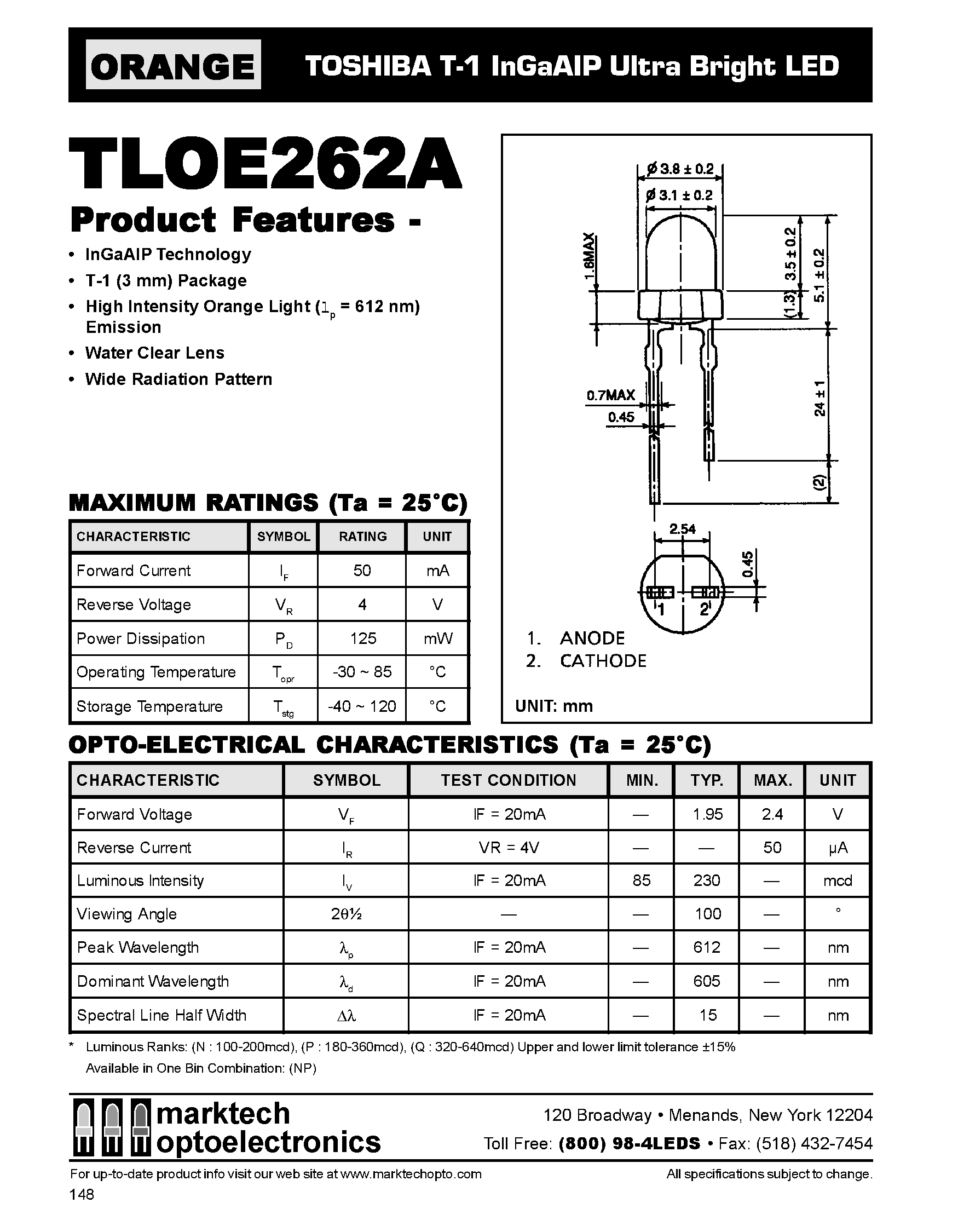 Datasheet TLOE262A - TOSHIBA T-1 InGaAIP Ultra Bright LED page 1