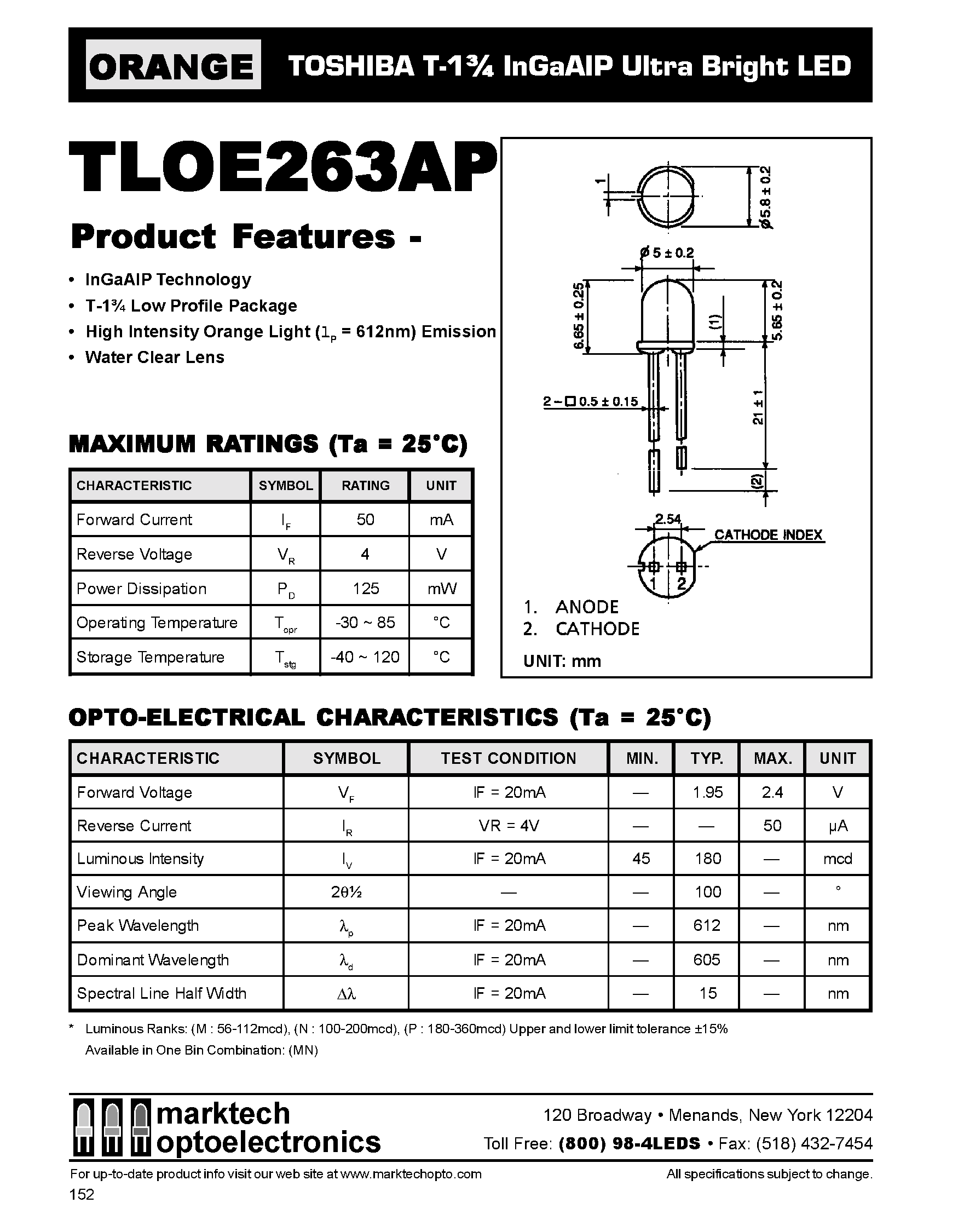 Datasheet TLOE263AP - TOSHIBA T-1 3/4 InGaAIP Ultra Bright LED page 1