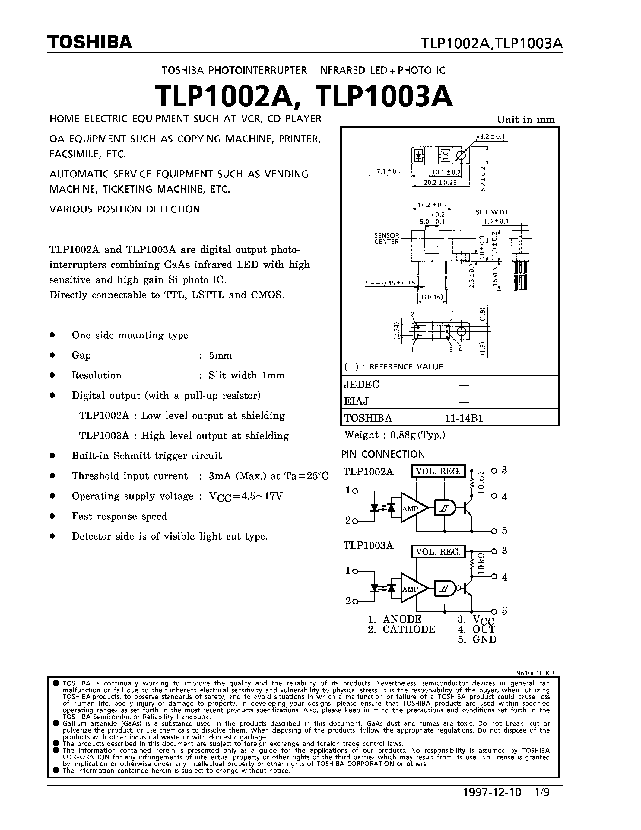 Datasheet TLP1002A page 1 Datasheet TLP1002A - INFRARED LED + PHOTO IC page 1