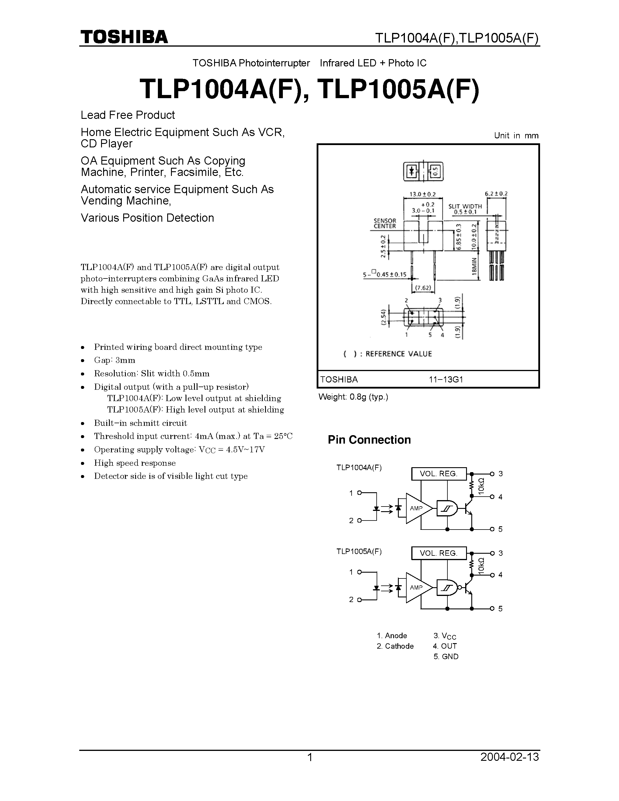 Datasheet TLP1005A page 1 Datasheet TLP1005A - INFRARED LED + PHOTO IC page 1