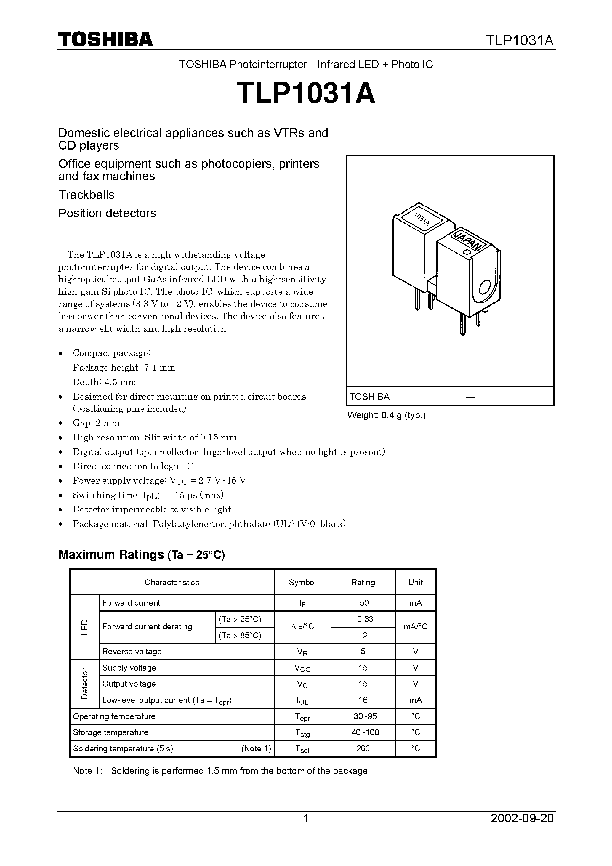 Datasheet TLP1031A page 1 Datasheet TLP1031A - TOSHIBA Photointerrupter Infrared LED + Photo IC page 1