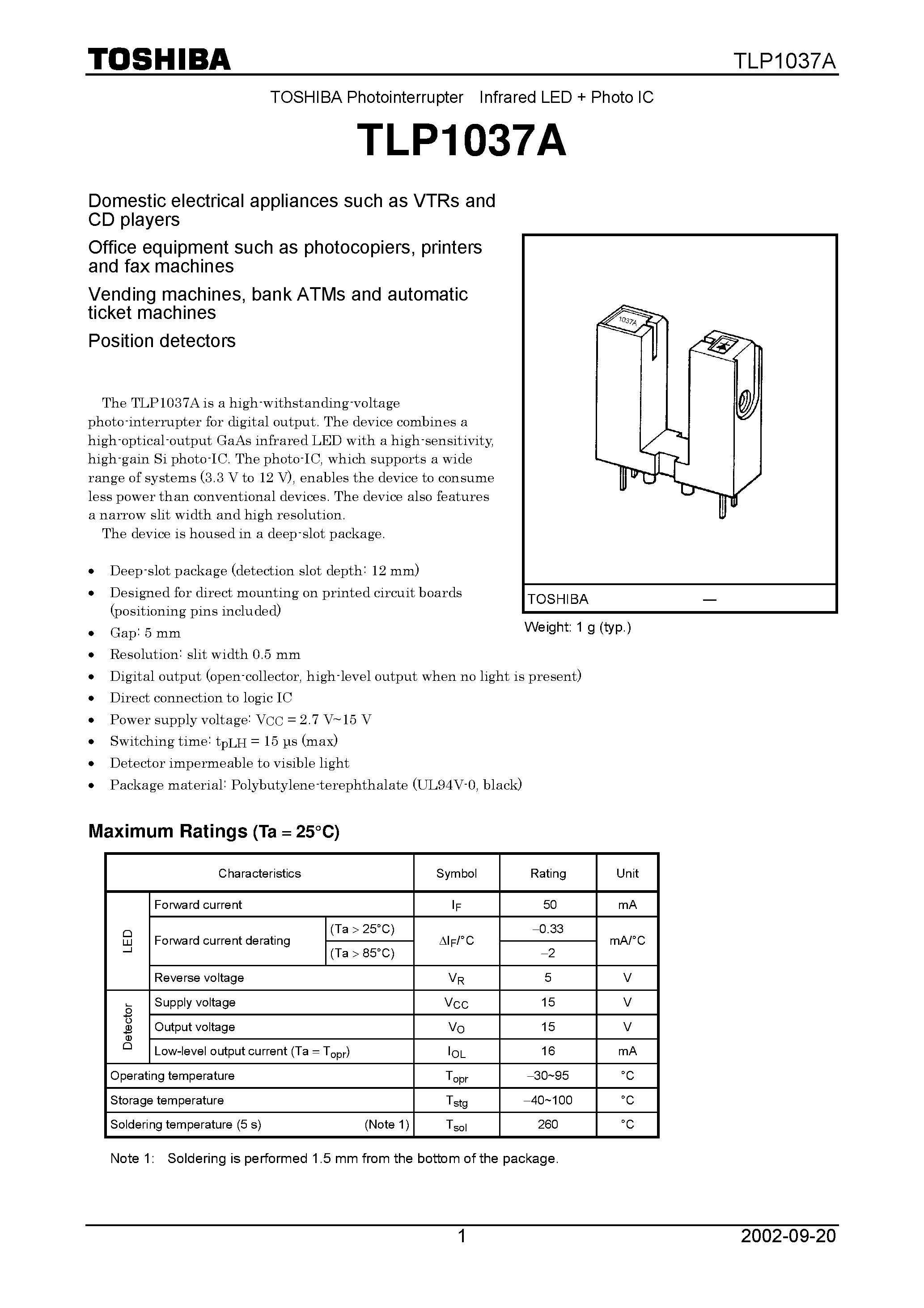 Datasheet TLP1037A page 1 Datasheet TLP1037A - DOMESTIC ELECTRICAL APPLIANCES SUCH AS VTRS AND CD PLAYERS page 1