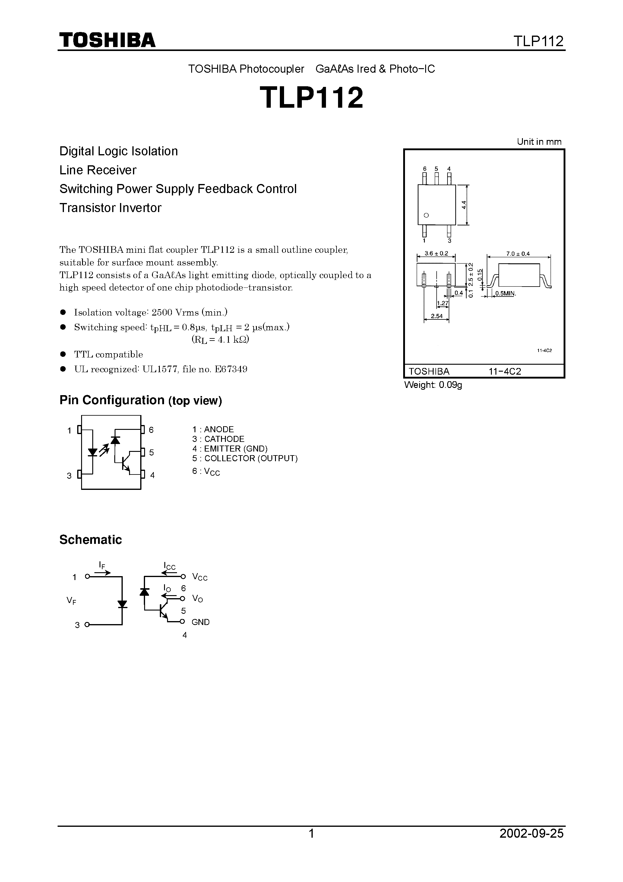 Datasheet TLP112 page 1 Datasheet TLP112 - Digital Logic Isolation Line Receiver Switching Power Supply Feedback Control Transistor Invertor page 1