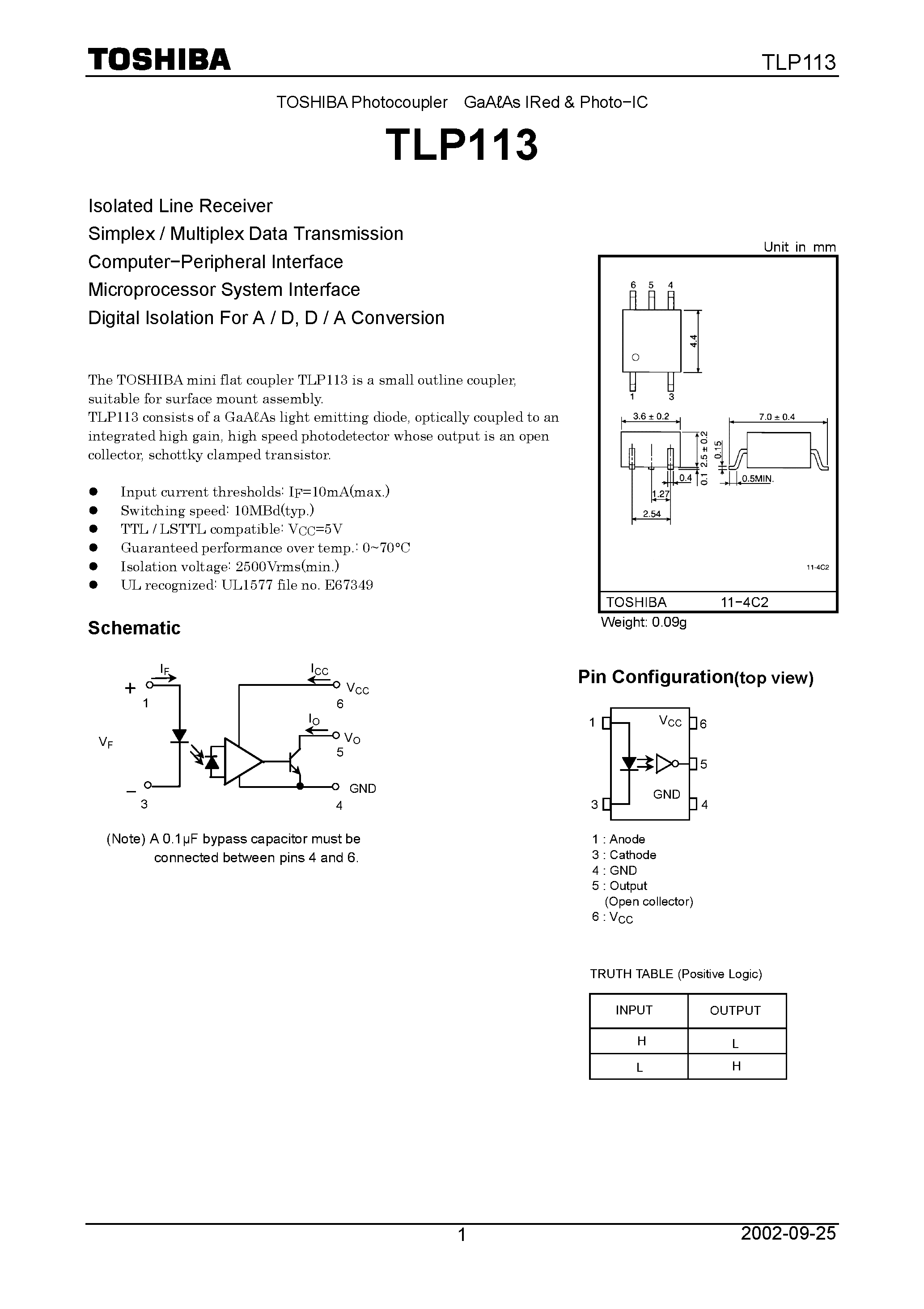 Даташит на микросхему TLP113 страница 1 Даташит TLP113 - Isolated Line Receiver Simplex / Multiplex Data Transmission Computer.Peripheral Interface Microprocessor System Interface Digital Isolation For A / D страница 1