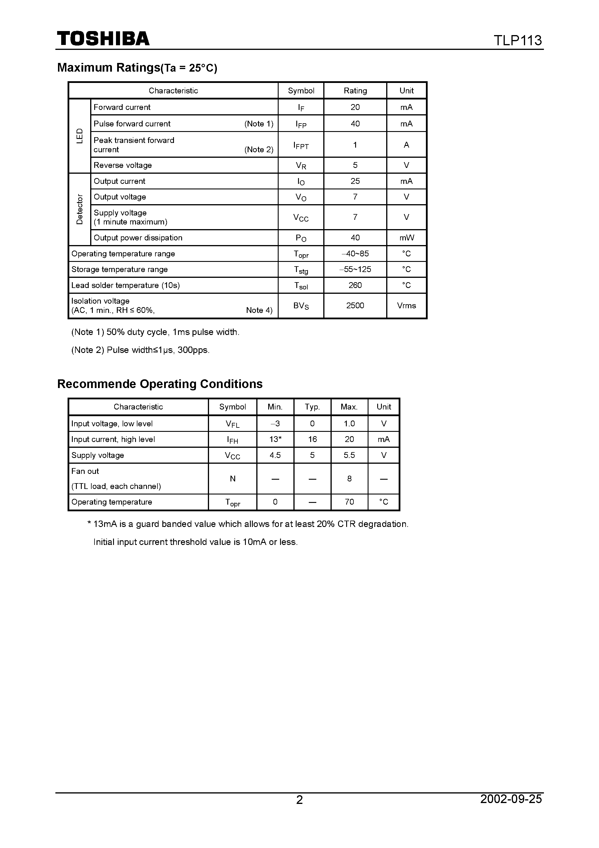 Даташит на микросхему TLP113 страница 2 Даташит TLP113 - Isolated Line Receiver Simplex / Multiplex Data Transmission Computer.Peripheral Interface Microprocessor System Interface Digital Isolation For A / D страница 2