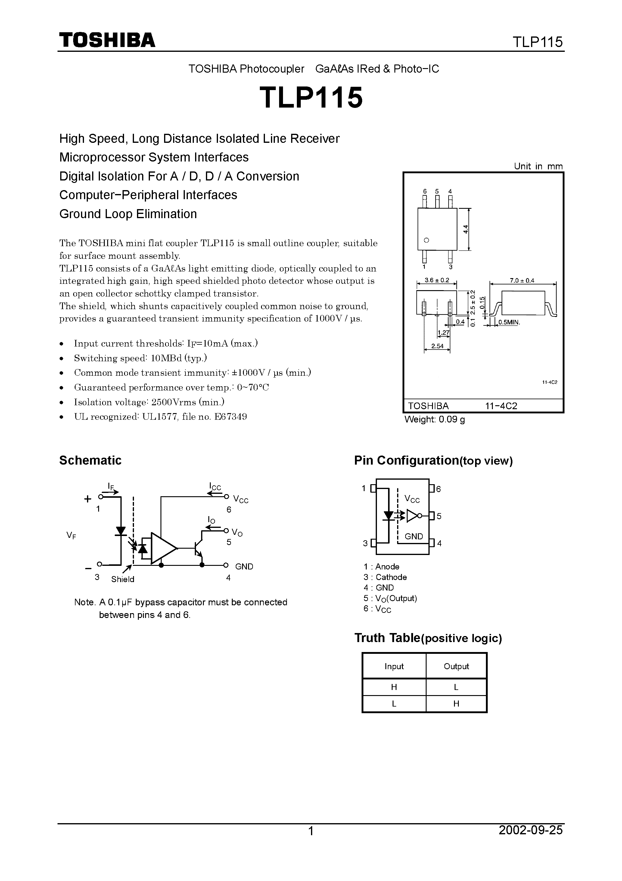 Datasheet TLP115 page 1 Datasheet TLP115 - High Speed/ Long Distance Isolated Line Receiver Microprocessor System Interfaces page 1