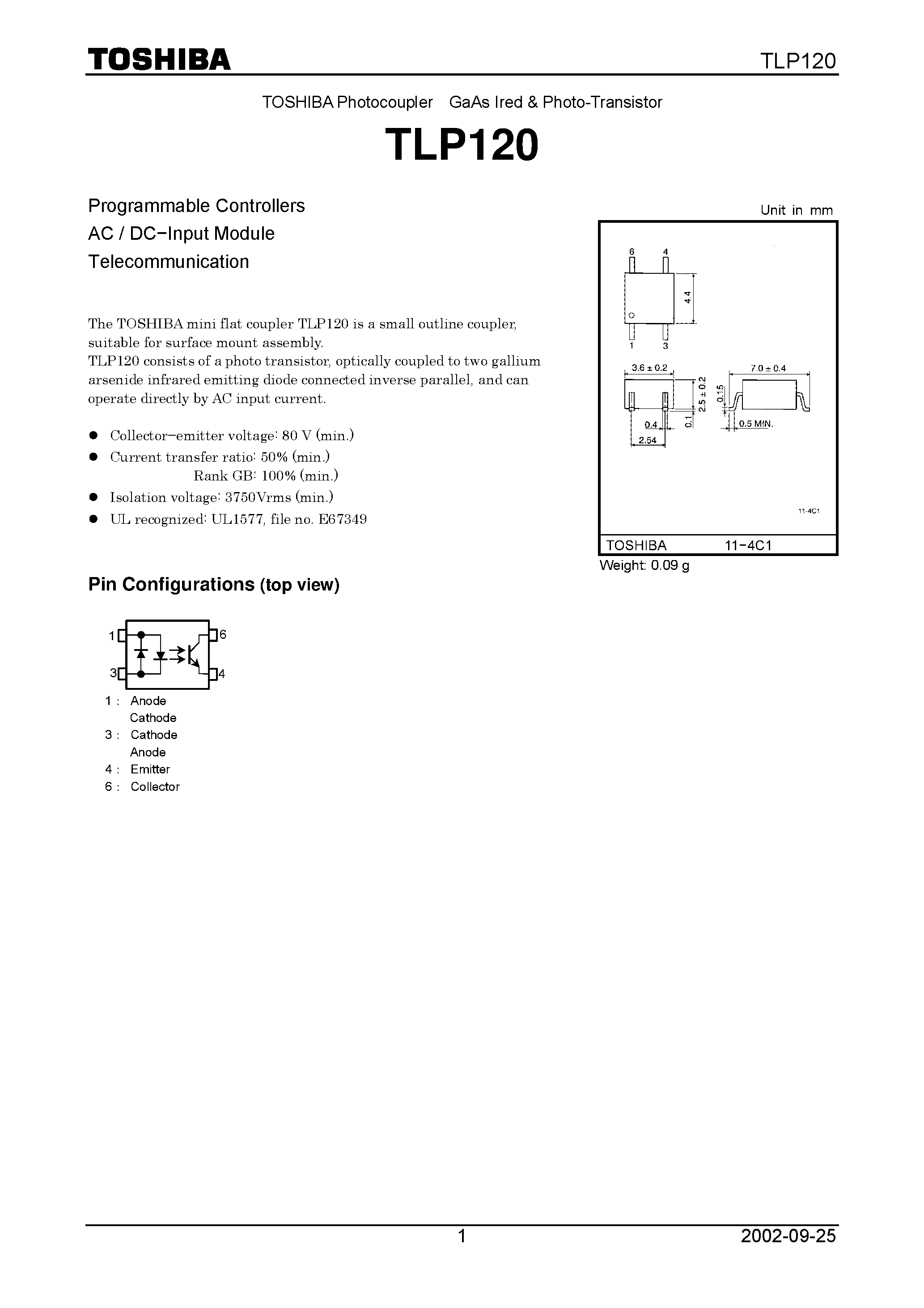 Datasheet TLP120 page 1 Datasheet TLP120 - Programmable Controllers AC / DC.Input Module Telecommunication page 1