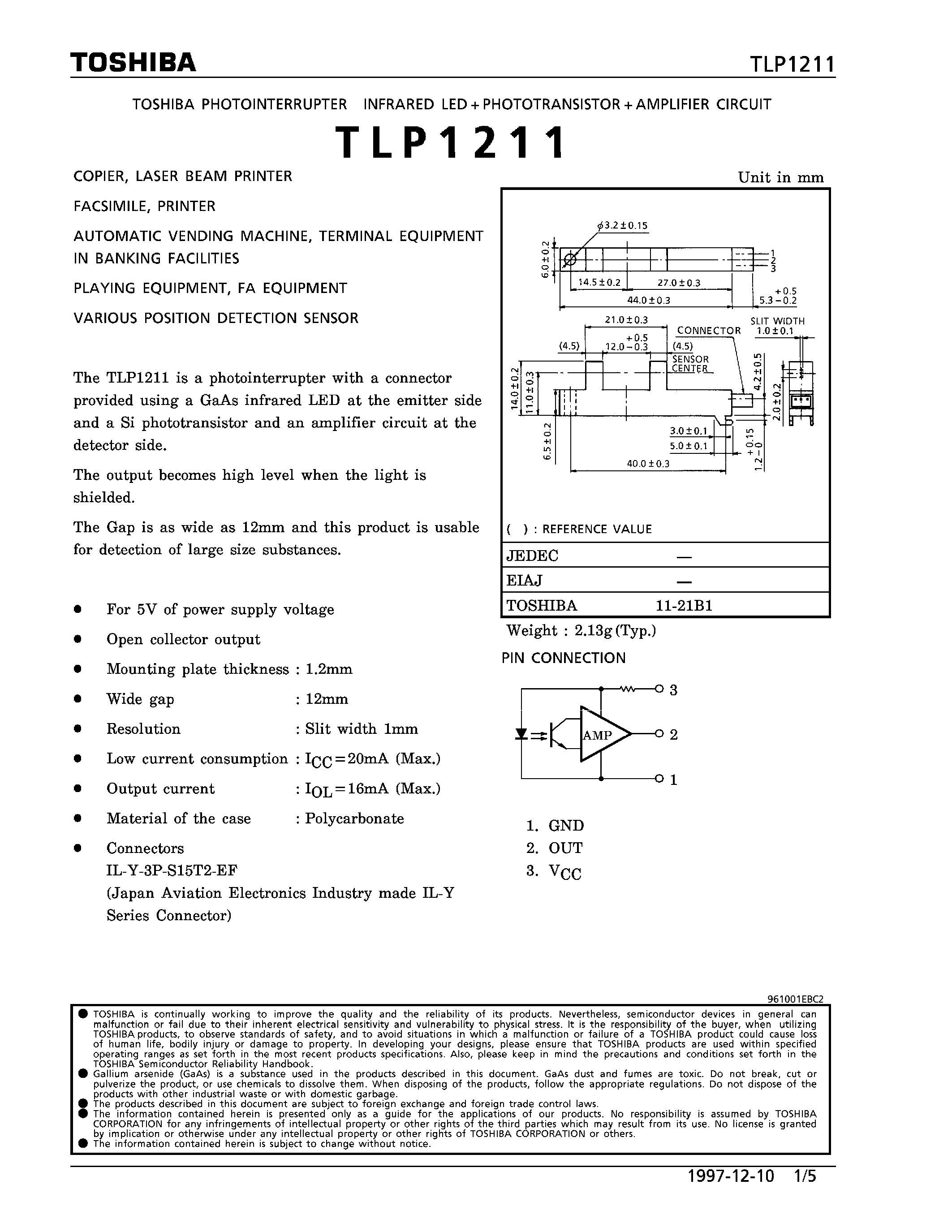Datasheet TLP1211 page 1 Datasheet TLP1211 - COPIER/ LASER BEAM PRINTER FACSIMILE/ PRINTER page 1