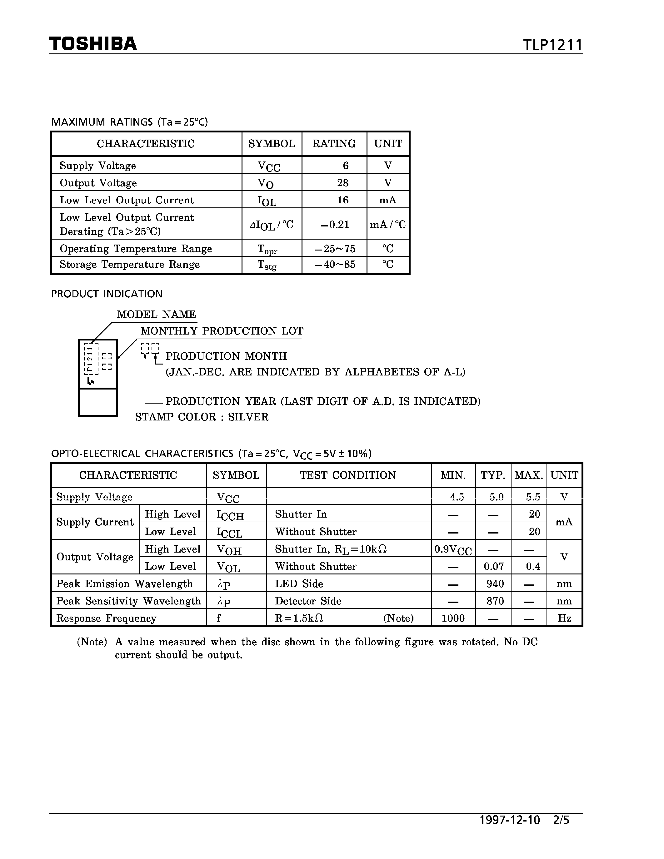 Datasheet TLP1211 page 2 Datasheet TLP1211 - COPIER/ LASER BEAM PRINTER FACSIMILE/ PRINTER page 2