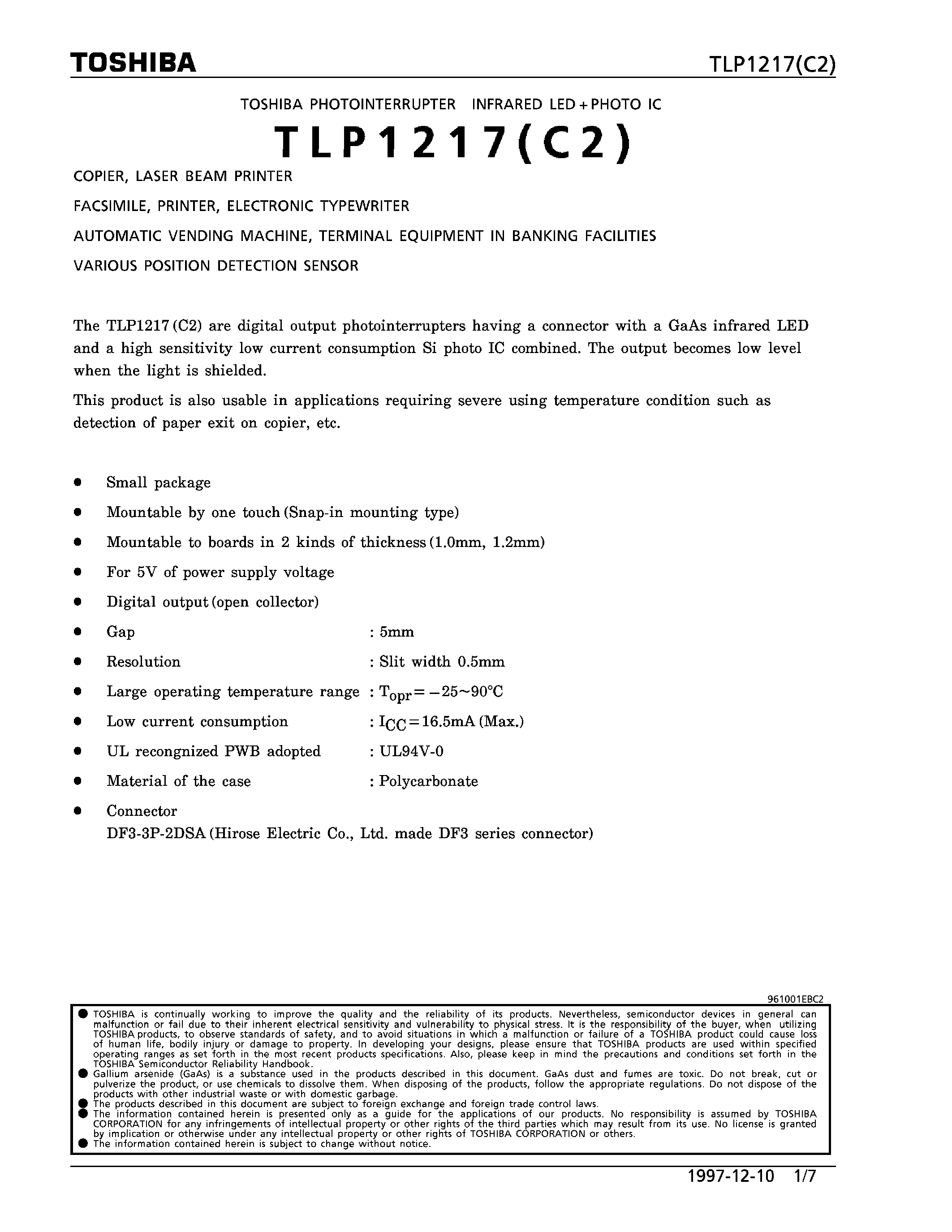 Datasheet TLP1217 page 1 Datasheet TLP1217 - COPIER/ LASER BEAM PRINTER FACSIMILE/ PRINTER/ ELECTRONIC TYPEWRITER page 1