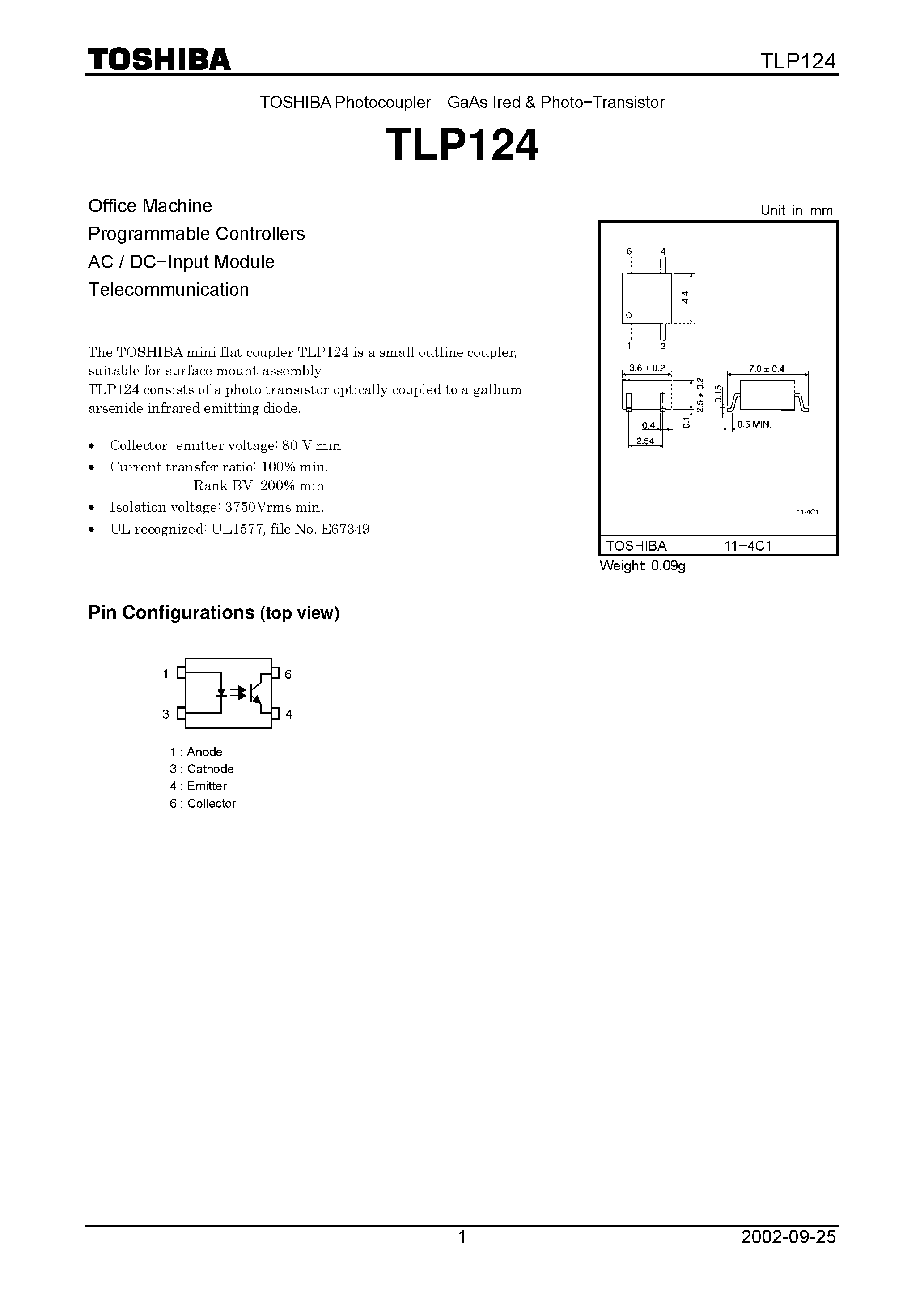 Datasheet TLP124 page 1 Datasheet TLP124 - Office Machine Programmable Controllers AC / DC.Input Module Telecommunication page 1