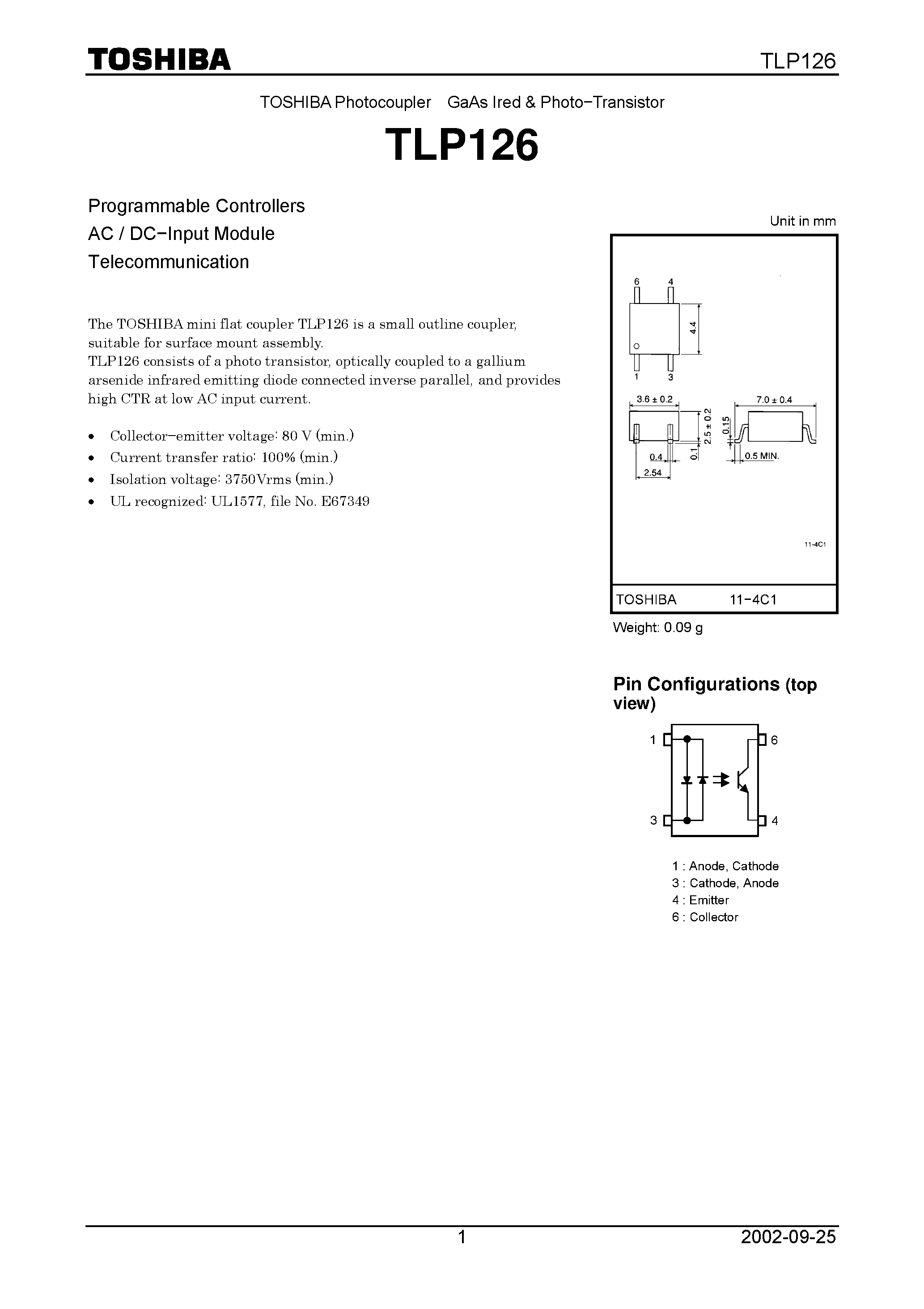 Datasheet TLP126 page 1 Datasheet TLP126 - Programmable Controllers AC / DC−Input Module Telecommunication page 1