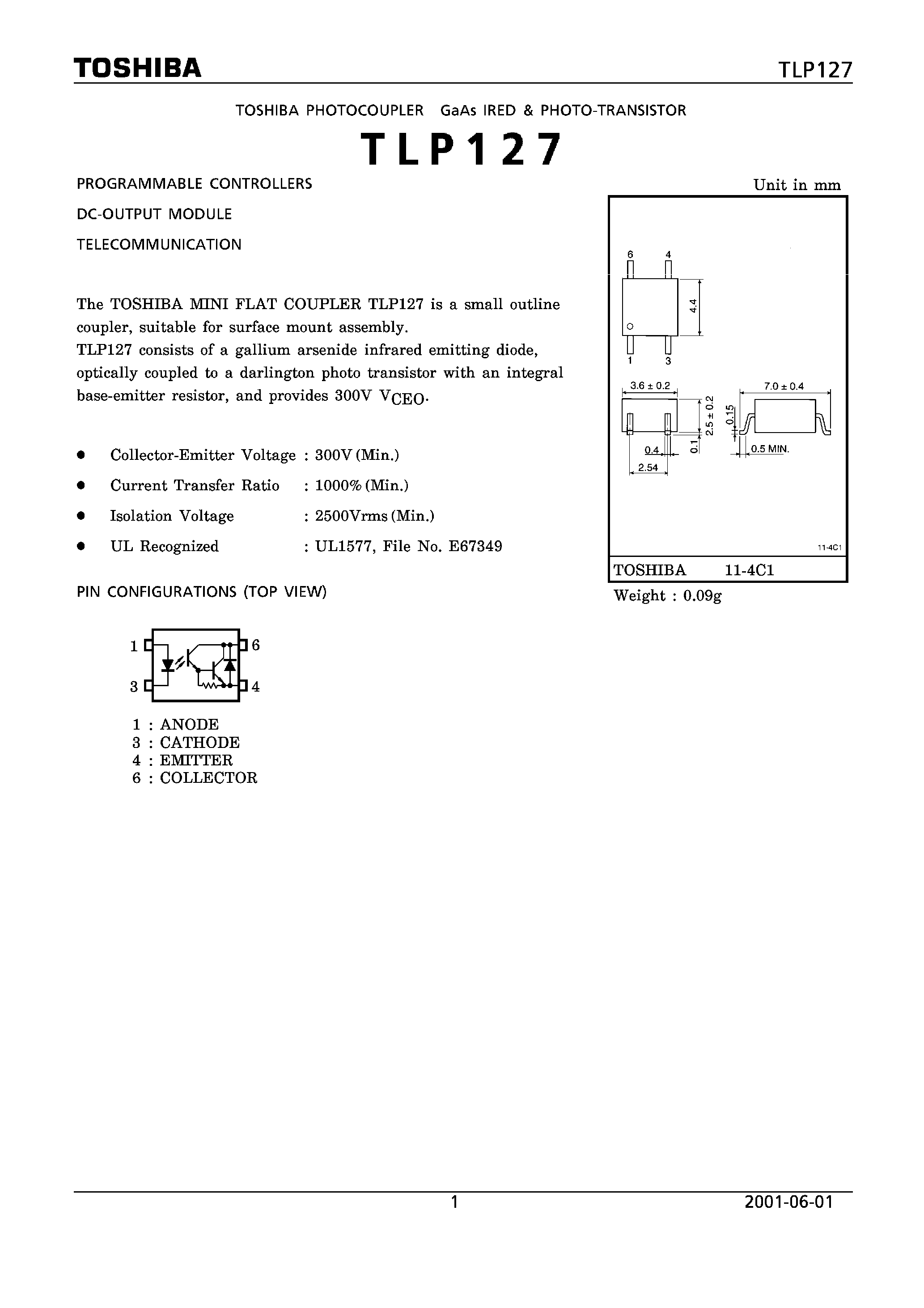 Datasheet TLP127 page 1 Datasheet TLP127 - PROGRAMMABLE CONTROLLERS DC-OUTPUT MODULE TELECOMMUNICATION page 1