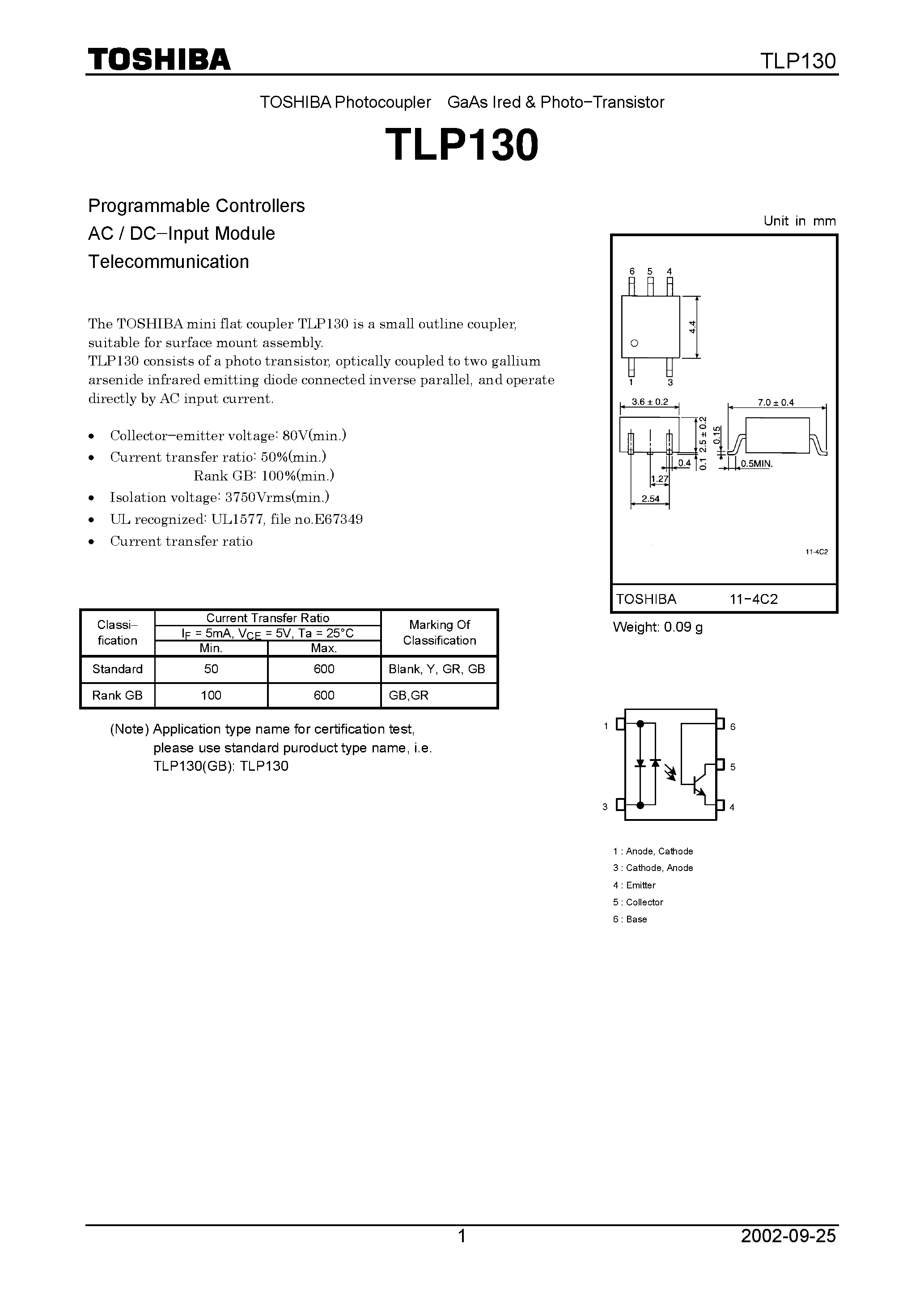 Datasheet TLP130 page 1 Datasheet TLP130 - Programmable Controllers AC / DC.Input Module Telecommunication page 1