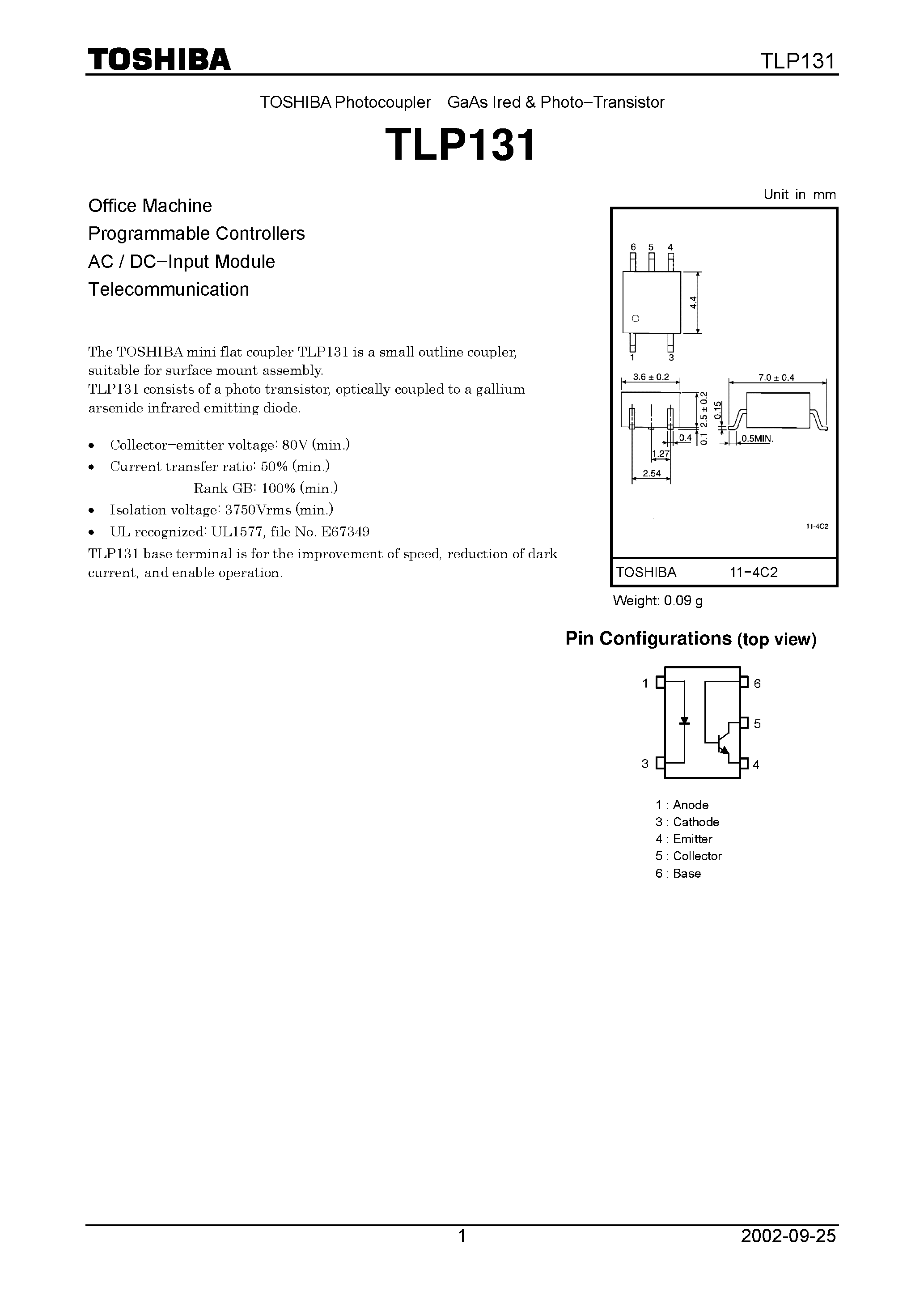 Datasheet TLP131 page 1 Datasheet TLP131 - Office Machine Programmable Controllers AC / DC.Input Module Telecommunication page 1