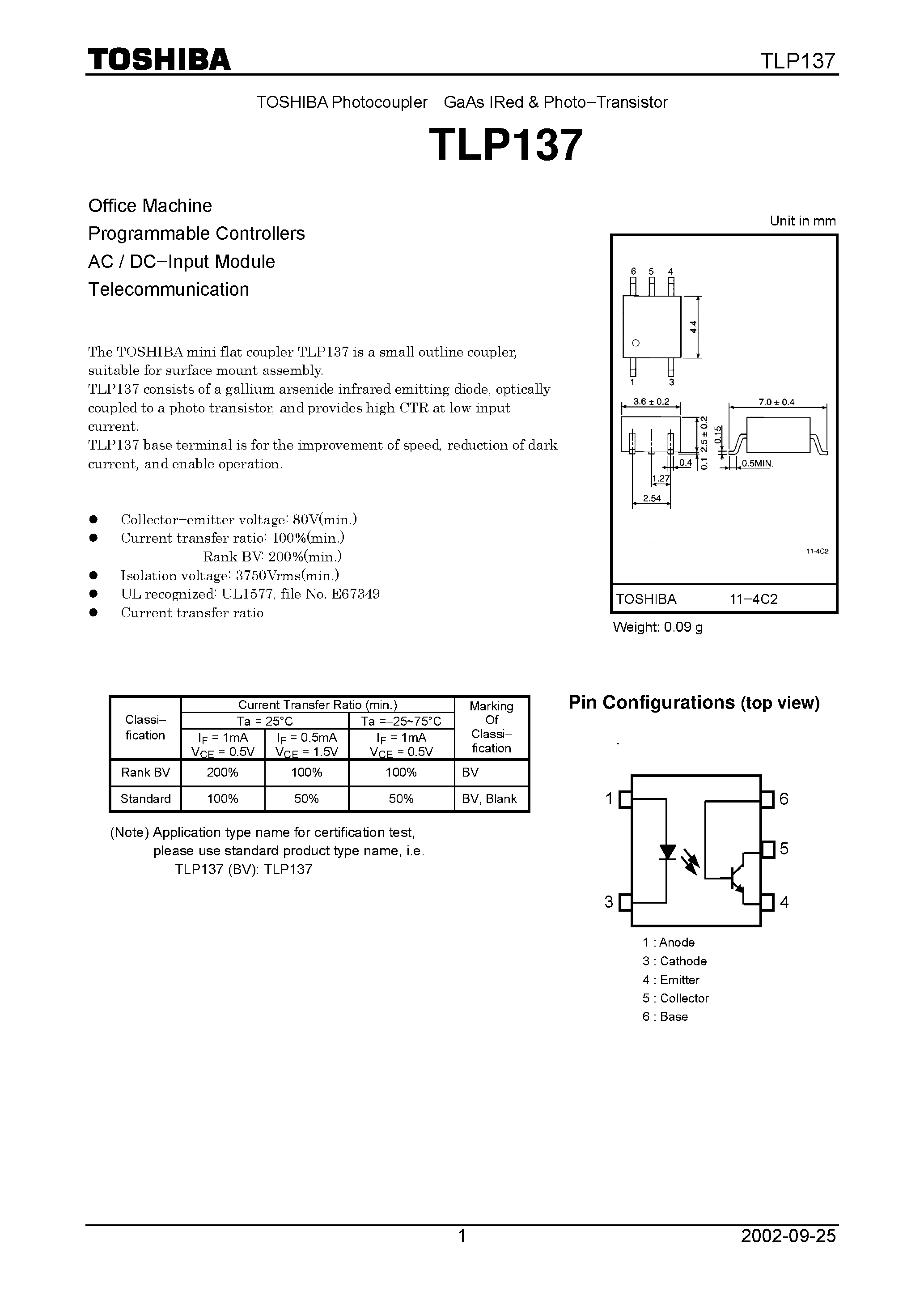 Datasheet TLP137 page 1 Datasheet TLP137 - Office Machine Programmable Controllers AC / DC.Input Module Telecommunication page 1