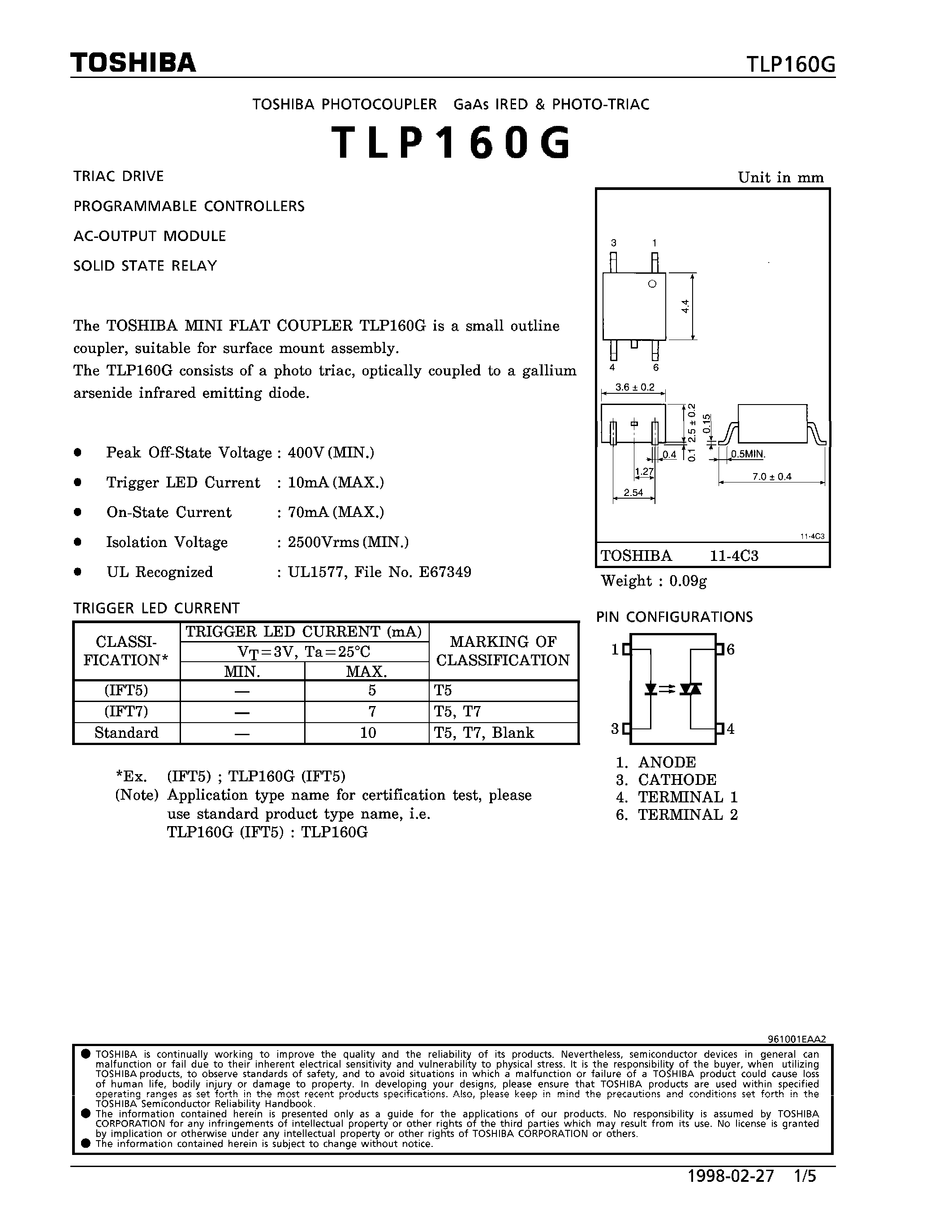 Datasheet TLP160G - PHOTOCOUPLER GAAS IRED & PHOTO TRIAC page 1