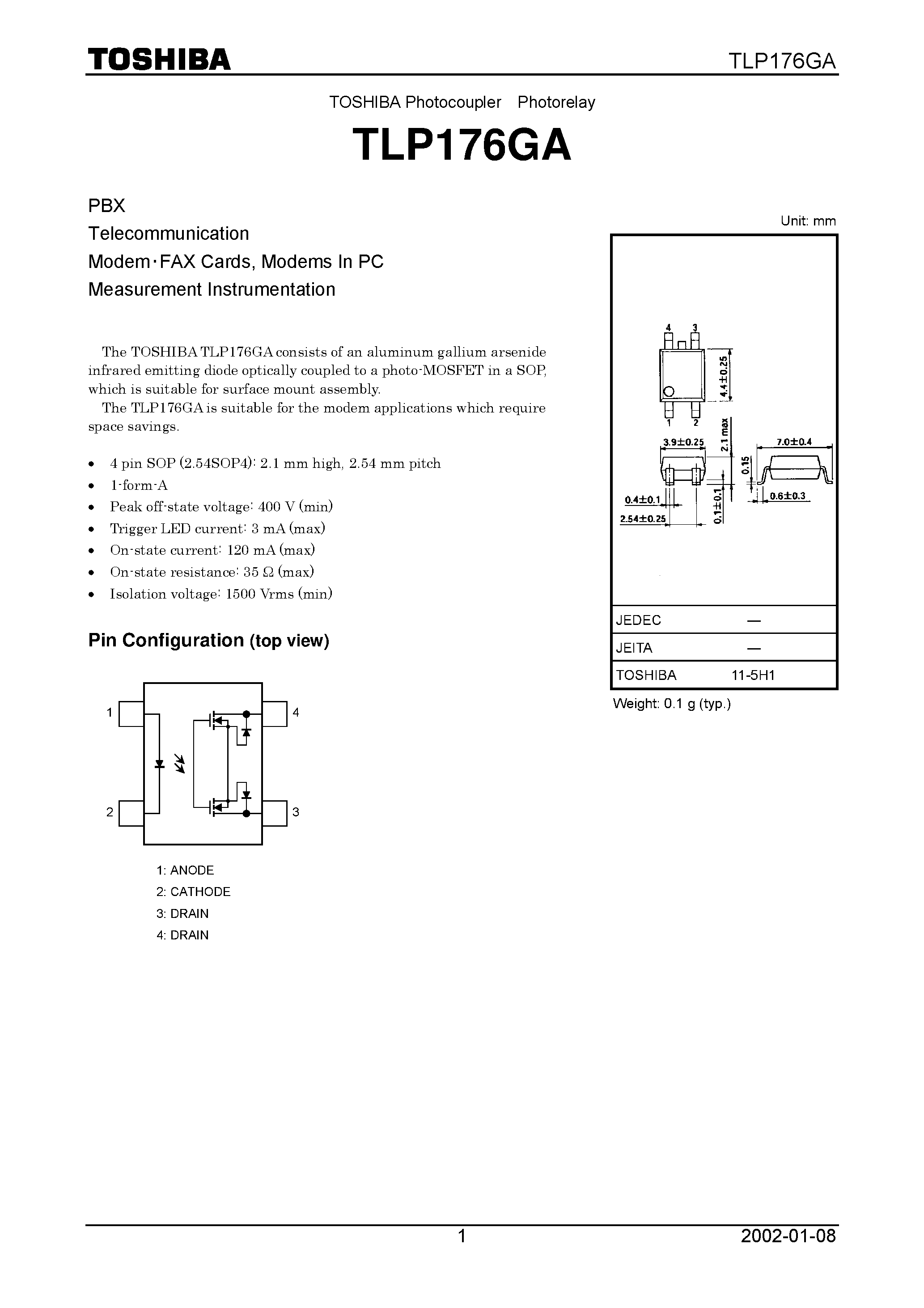 Datasheet TLP176GA page 1 Datasheet TLP176GA - TOSHIBA Photocoupler Photorelay page 1