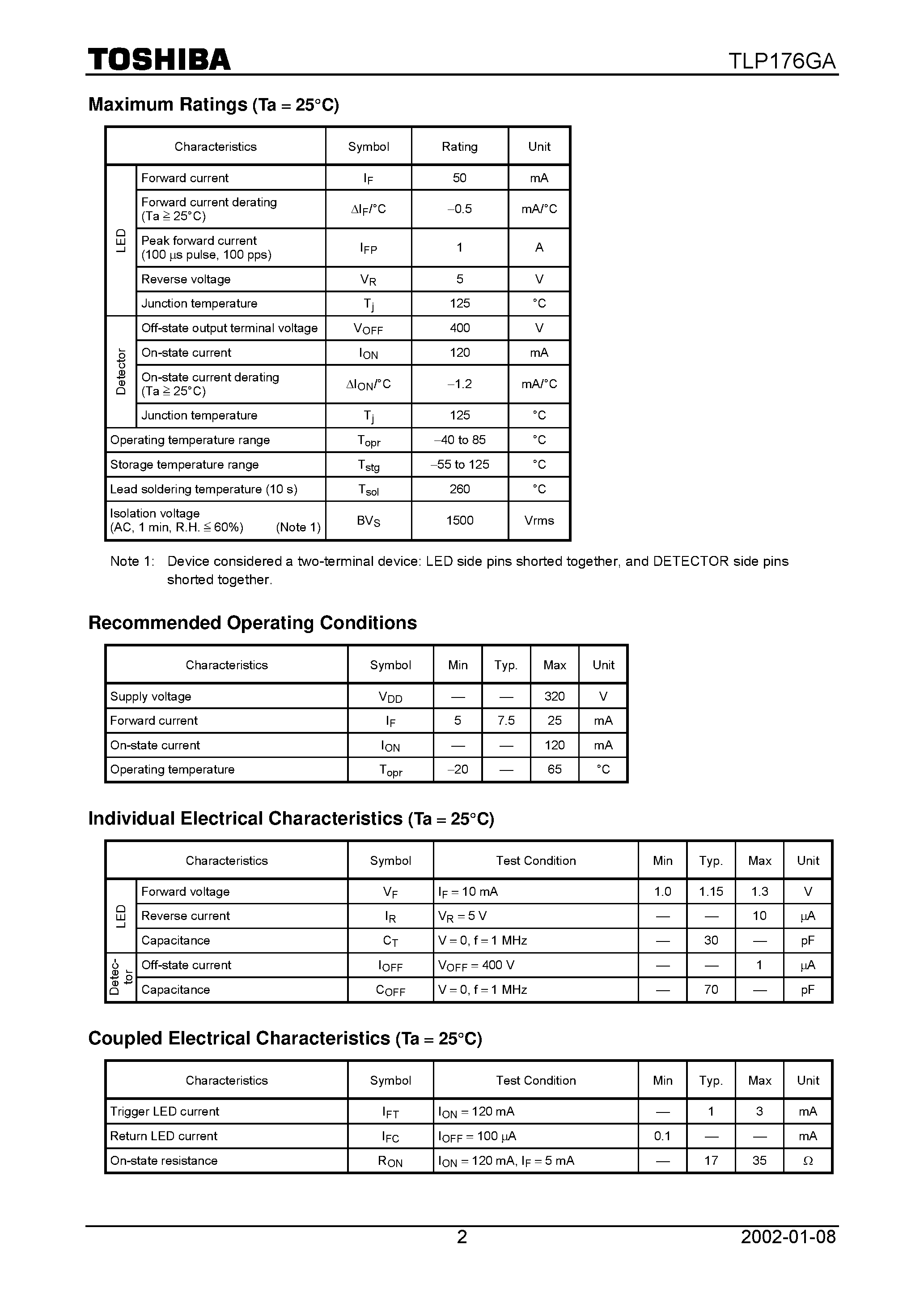 Datasheet TLP176GA page 2 Datasheet TLP176GA - TOSHIBA Photocoupler Photorelay page 2