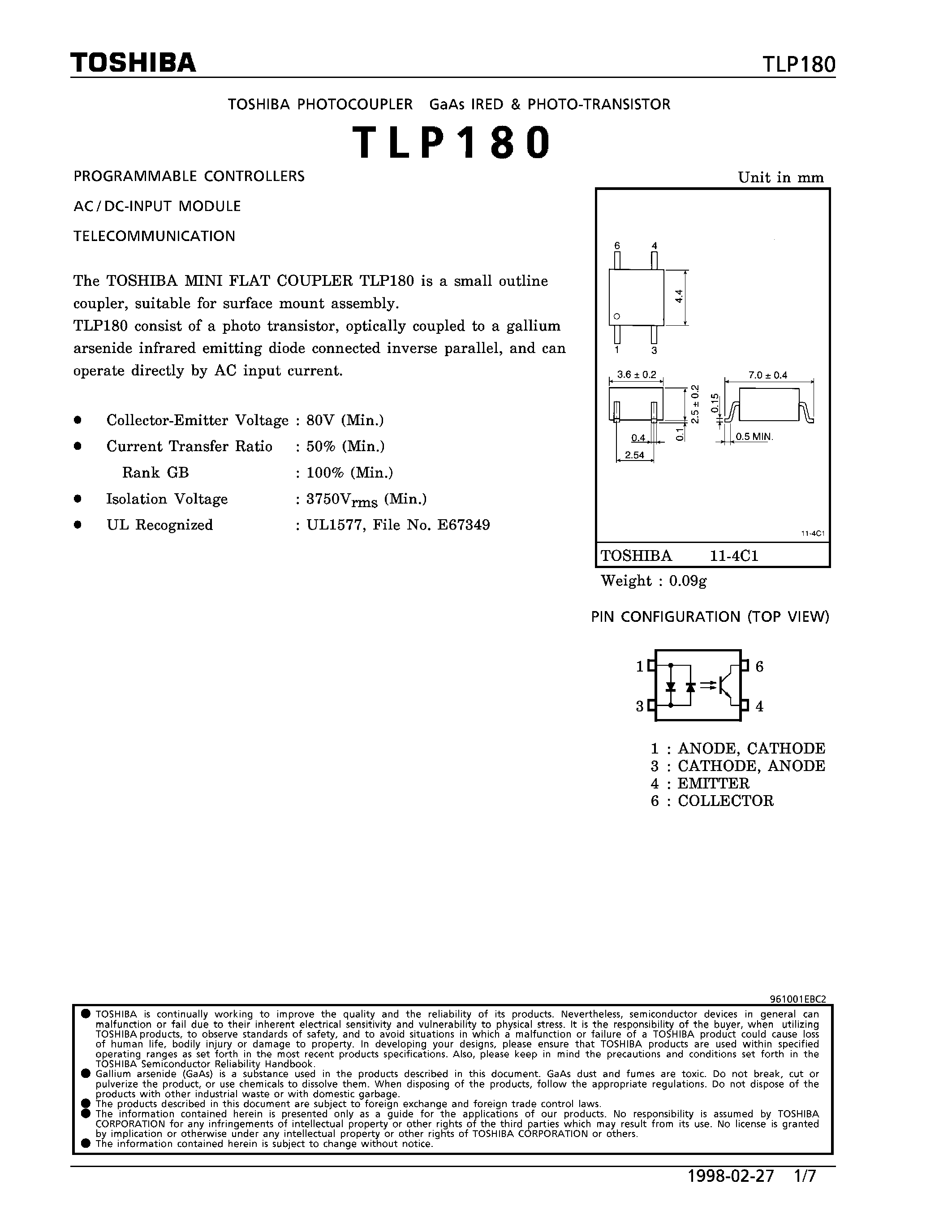 Datasheet TLP180 page 1 Datasheet TLP180 - TOSHIBA PHOTOCOUPLER GaAs IRED & PHOTO-TRANSISTOR page 1