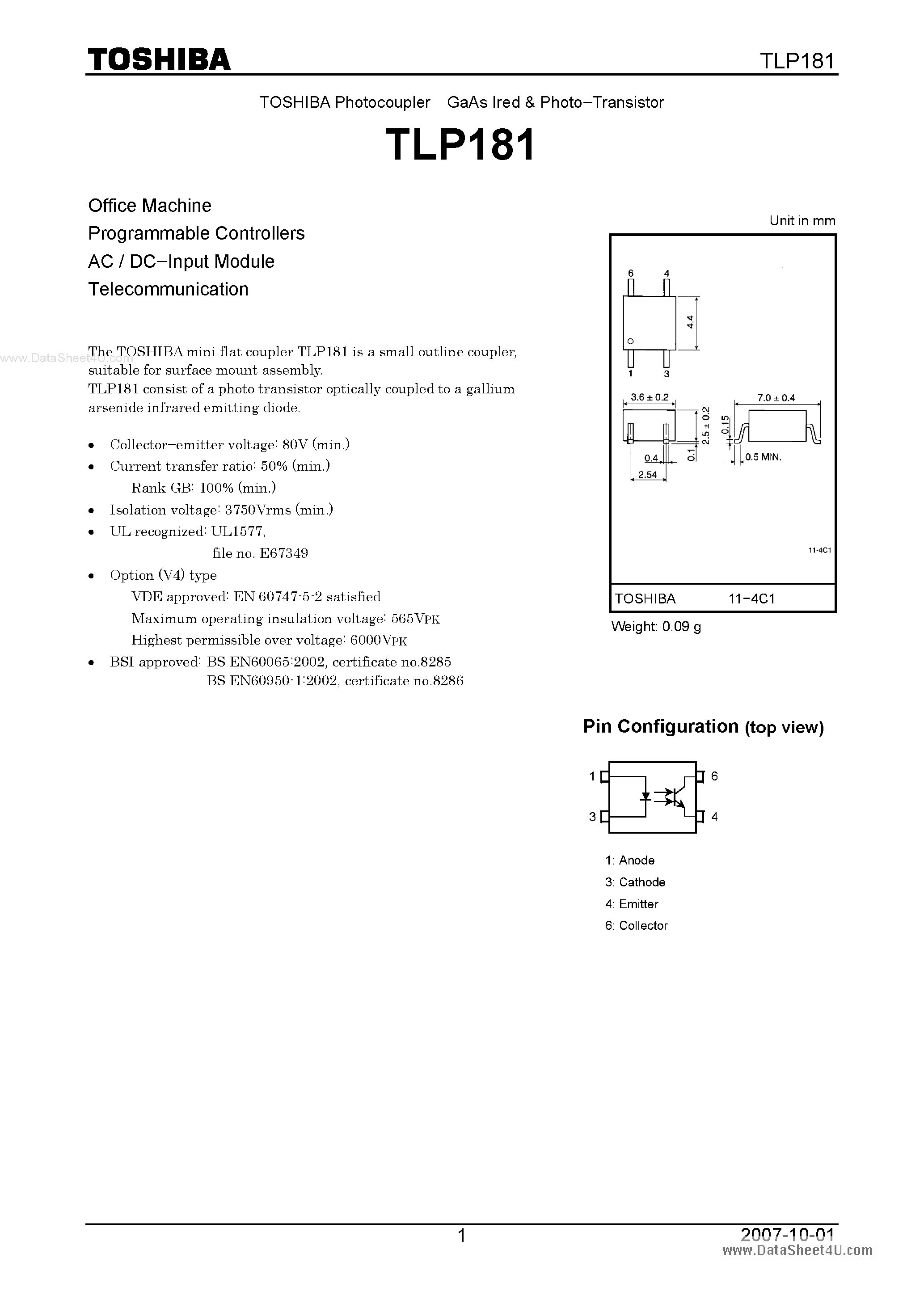 Datasheet TLP181 page 1 Datasheet TLP181 - GaAs IRED & PHOTO-TRANSISTOR page 1